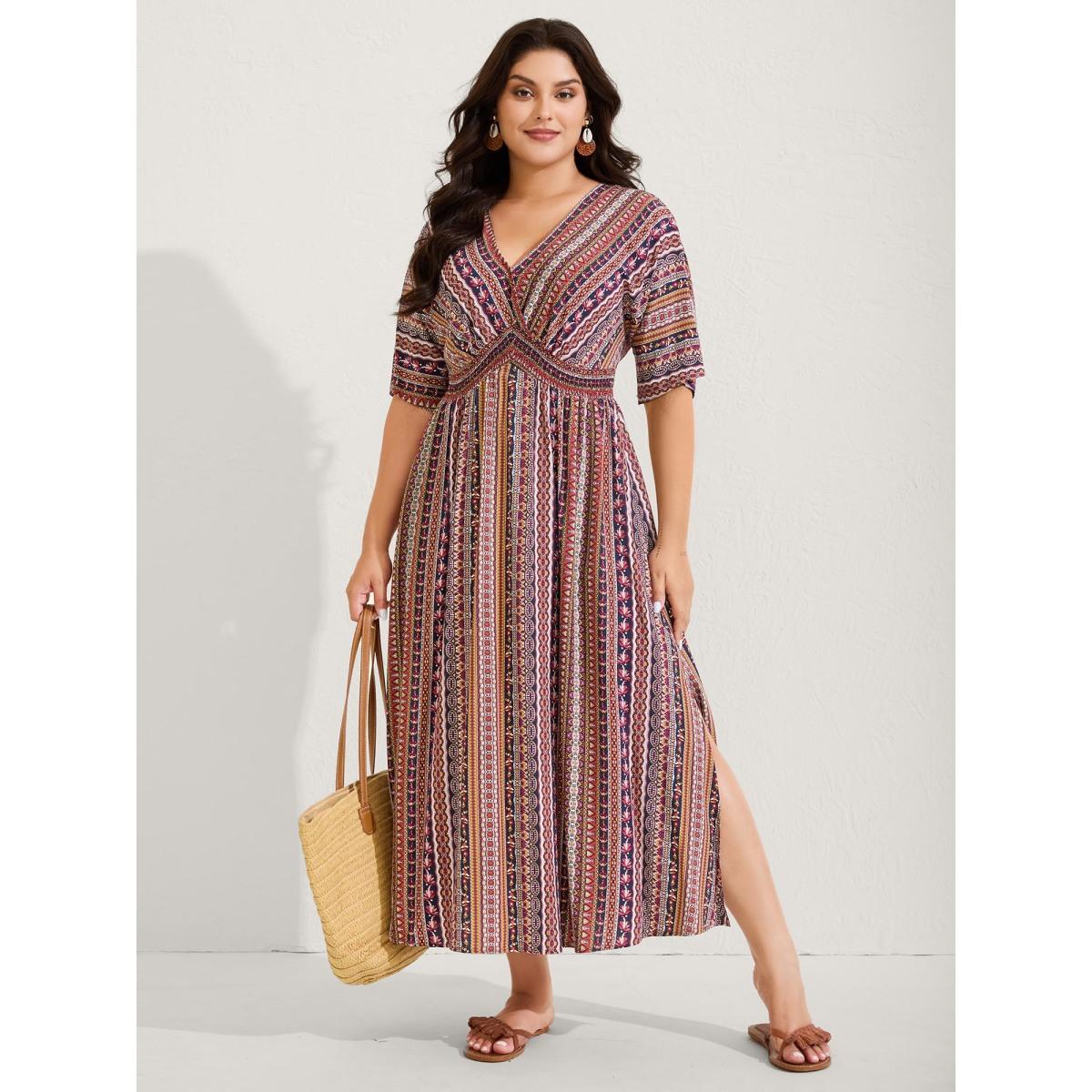 Plus Size Striped Contrast Dolman Sleeve Shirred Pocket Split Flutter Dress Navy Women Boho Non V-neck Half Sleeve Curvy BloomChic 12/L Product Image