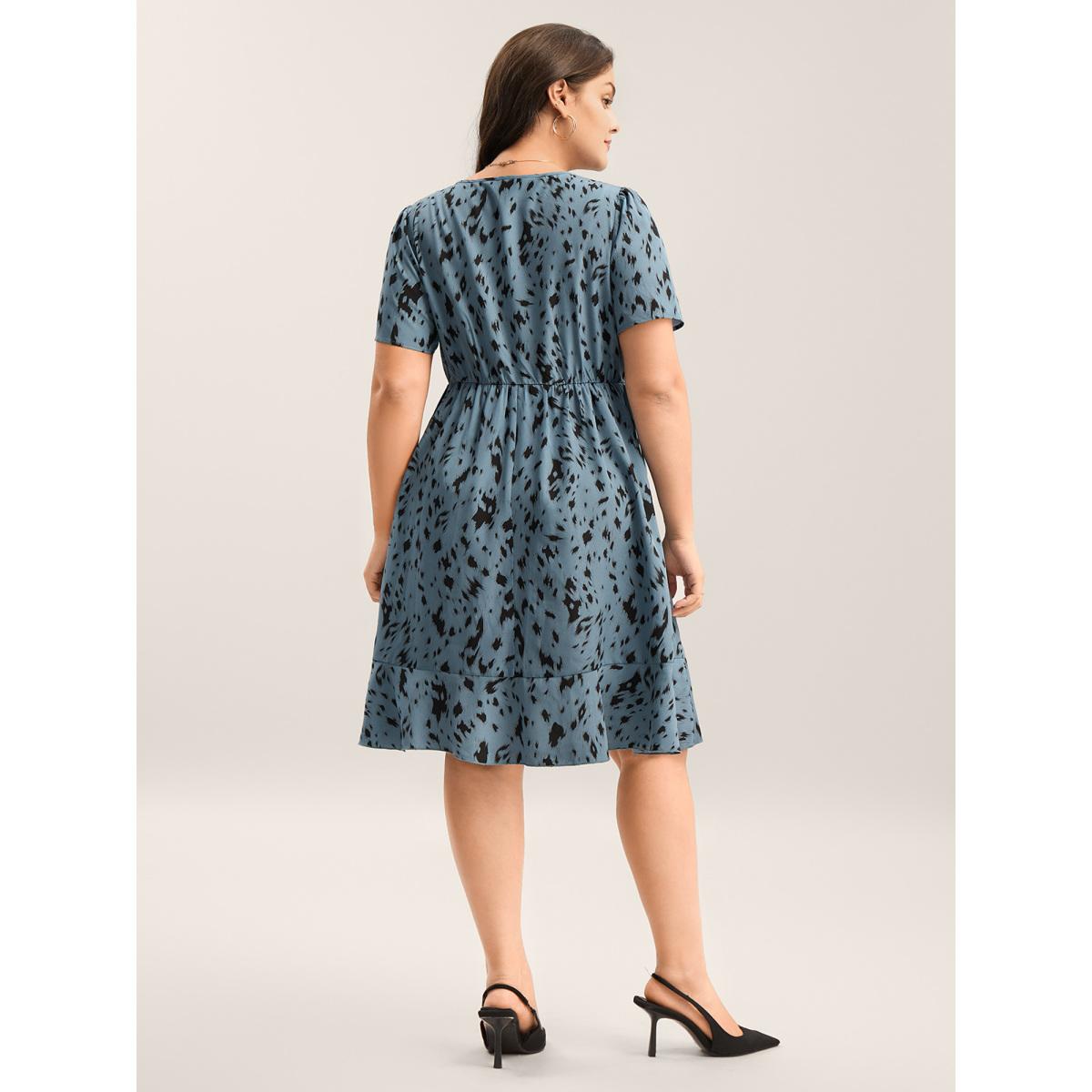 Plus Size Leopard Print Faux Wrap Ruffled Midi Dress Skyblue Women Overlap Collar Short sleeve Curvy BloomChic 26/4X Product Image