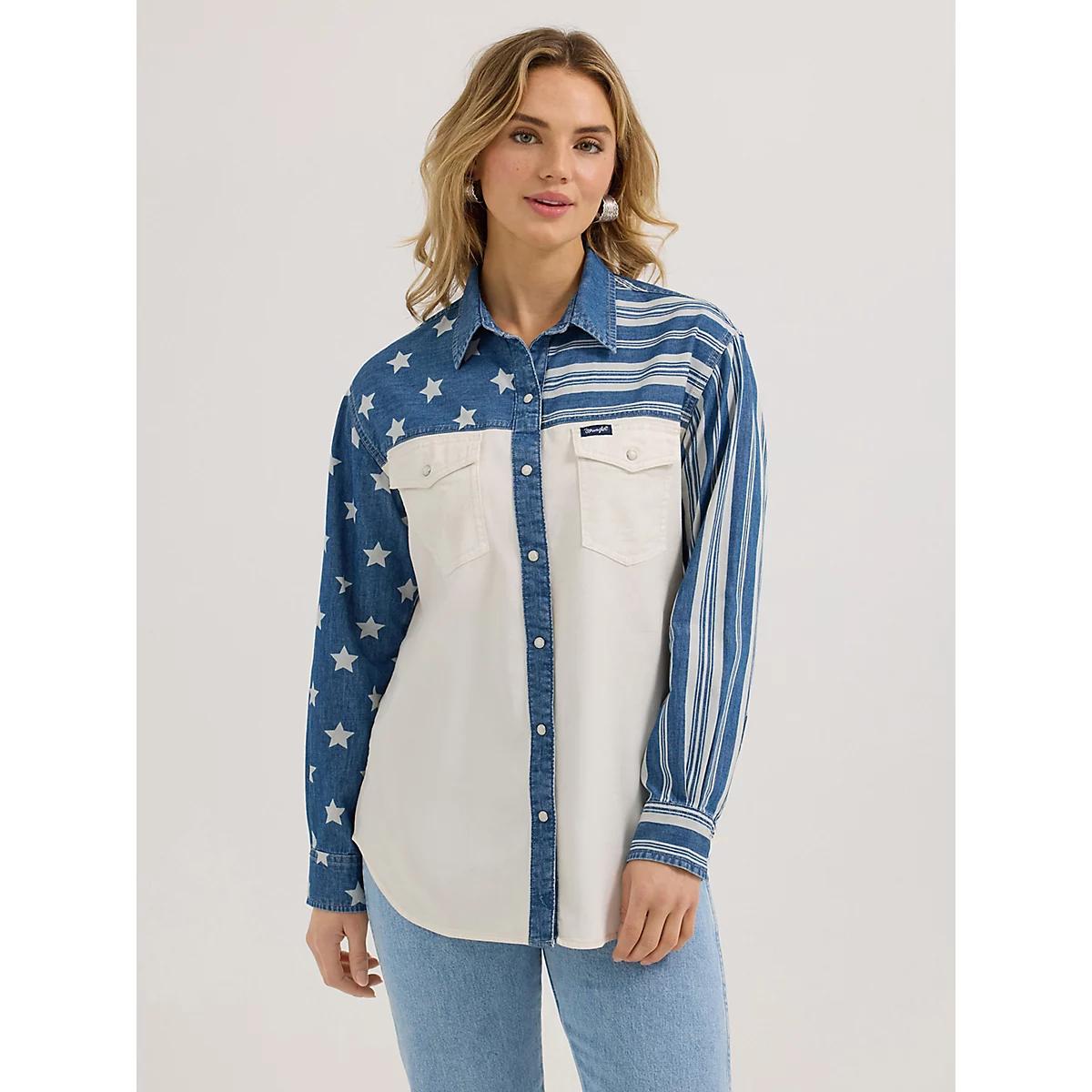 Women's Wrangler Pieced Boyfriend Denim Western Snap Shirt | Women's TOPS | Wrangler® Product Image