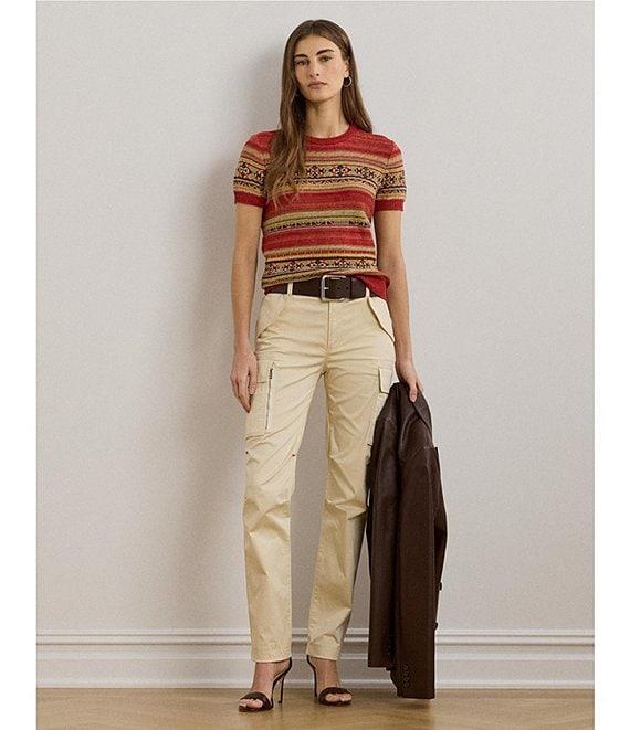 Lauren Ralph Lauren Petite Size Geometric Stripe Ribbed Crew Neck Short Sleeve Pullover Sweater Product Image