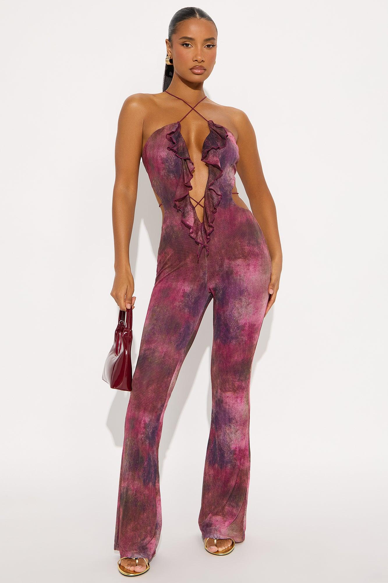 Nola Mesh Flare Jumpsuit - Plum Female Product Image