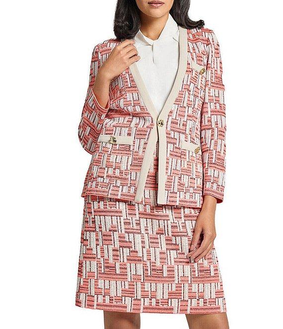 Ming Wang Geometric Knit Button Front Long Sleeve Jacket Product Image