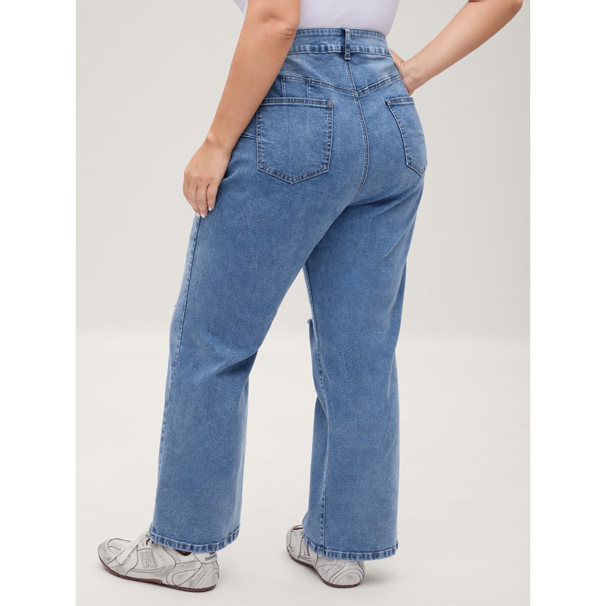 Plus Size Stretchy Ripped Flared Hem Jeans Women Midblue Medium stretch Slanted pocket Jeans BloomChic 22/3X Product Image
