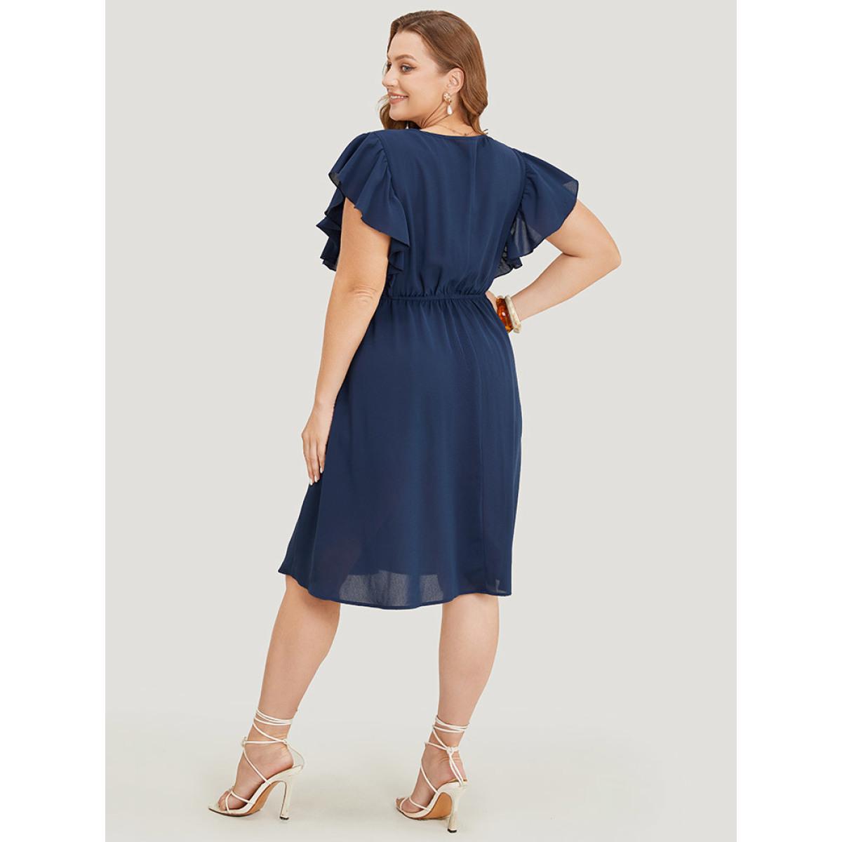 Plus Size Solid Contrast Lace V Neck Pocket Flutter Trim Dress DarkBlue Women Elegant Lace V-neck Cap Sleeve Curvy Knee Dress BloomChic 10/M Product Image