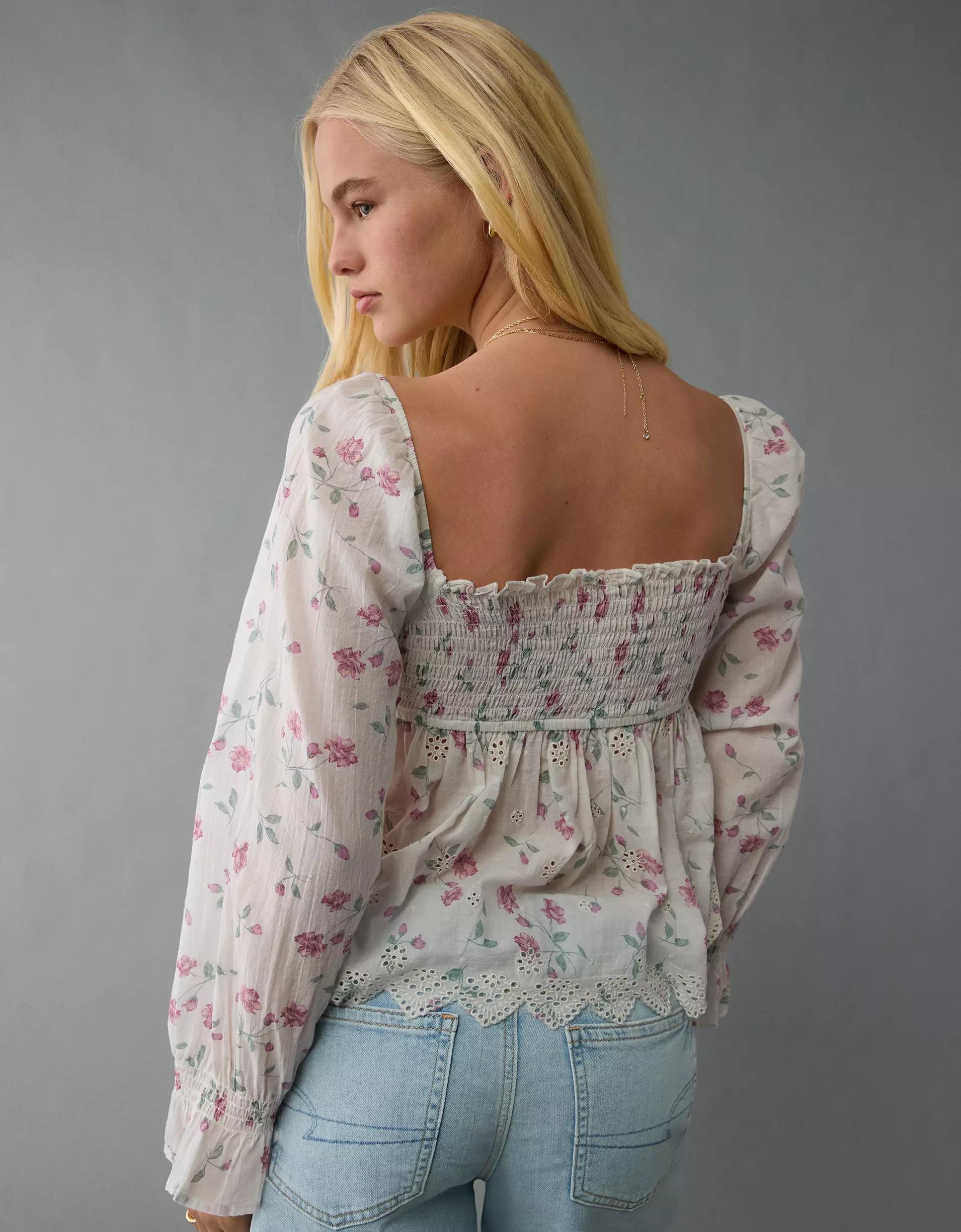 AE Long-Sleeve Smocked Babydoll Blouse Product Image