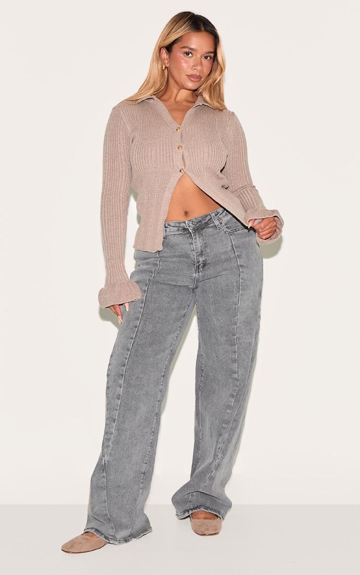 Shape Mocha Knitted Rib Button Front Split Hem Cardigan Product Image