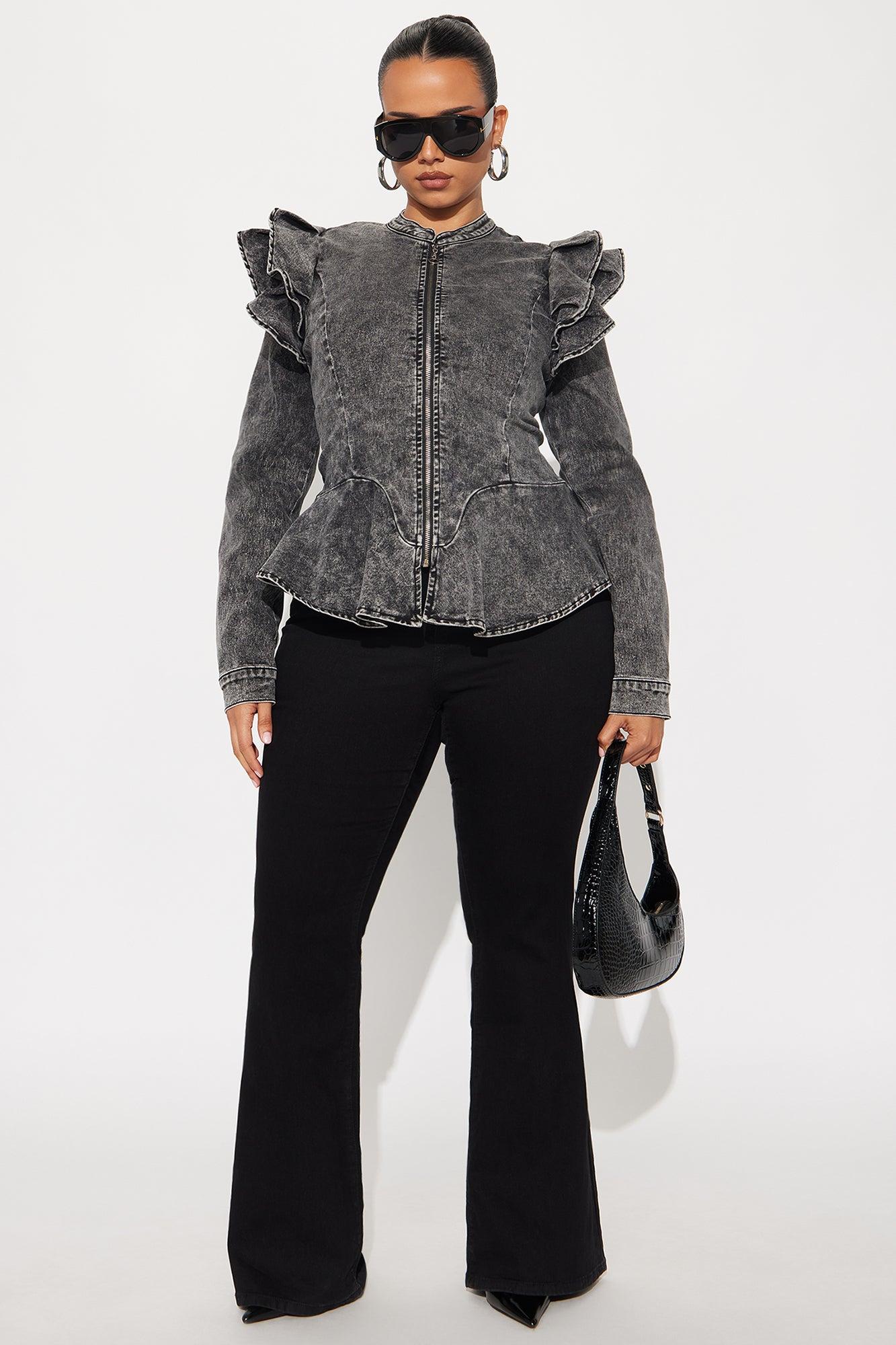 Denim Queen Peplum Jacket - Acid Wash Black Female Product Image