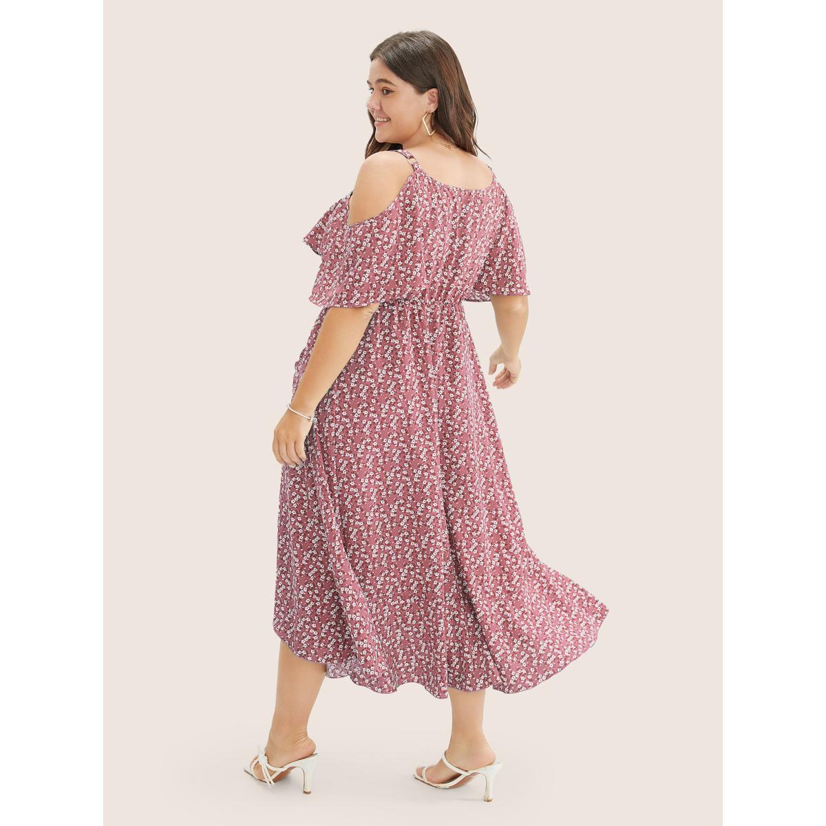 Plus Size Ditsy Floral Pocket Wrap Cold Shoulder Ruffle Dress DustyPink Women Romantic Non Overlap Collar Short sleeve Curvy Midi Dress BloomChic 26/4X Product Image