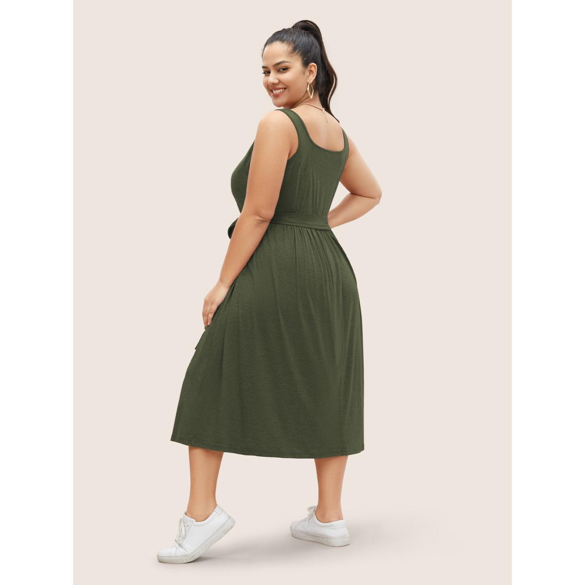 Plus Size Supersoft Essentials Button Detail Belted Gathered Dress ArmyGreen Women Casual Gathered Square Neck Sleeveless Curvy Midi Dress BloomChic 26/4X Product Image