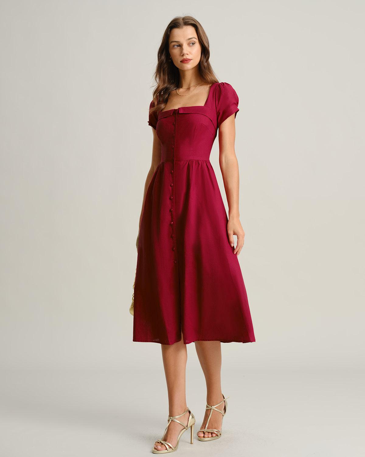 Wine Red Square Neck A-Line Midi Dress Product Image