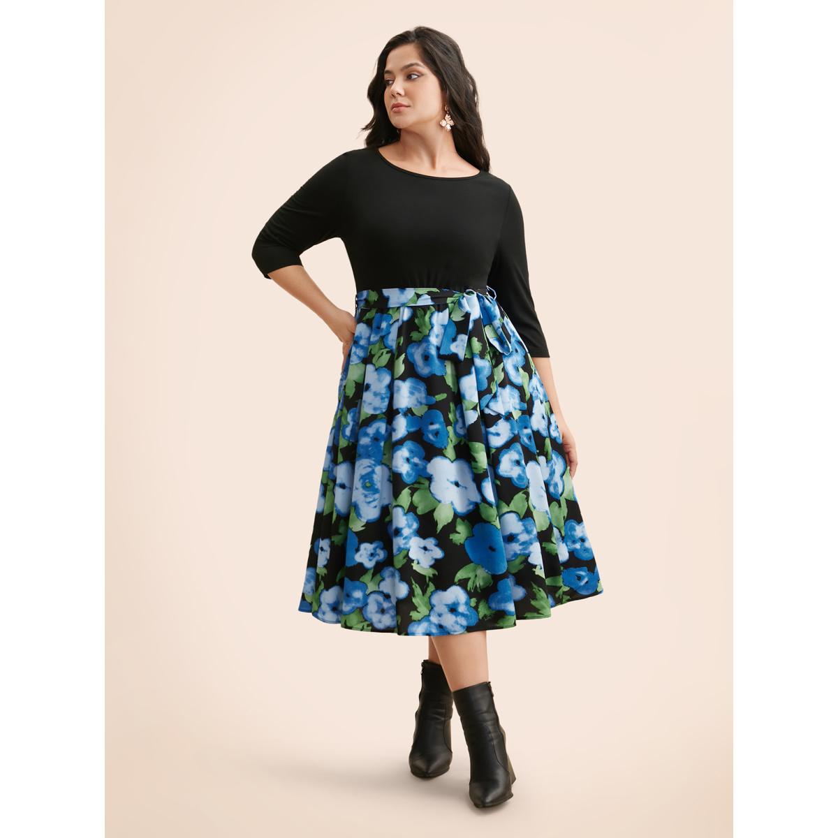 Plus Size Round Neck Floral Patchwork Belted Dress Black Women Elegant Belted Round Neck Elbow-length sleeve Curvy BloomChic 12/L Product Image