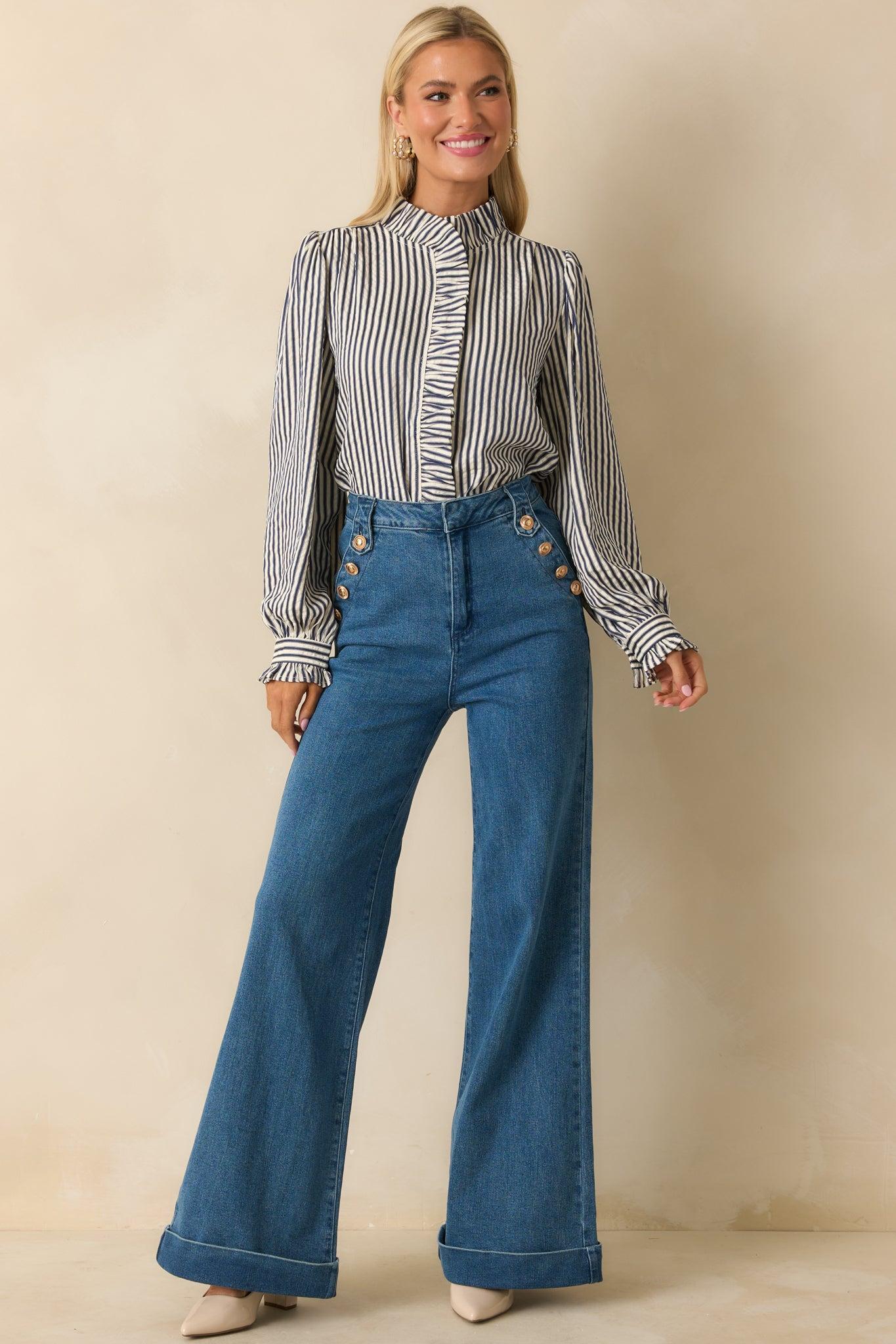 Nautical By Nature Indigo Stretch High Waisted Wide Leg Jeans L / Indigo Product Image