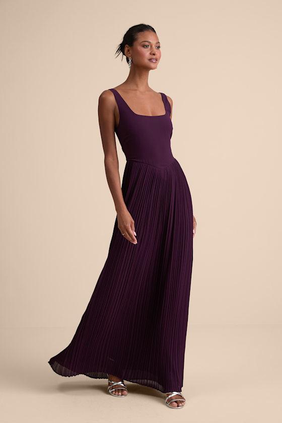 Naroah Plum Purple Square Neck Pleated Maxi Dress Product Image