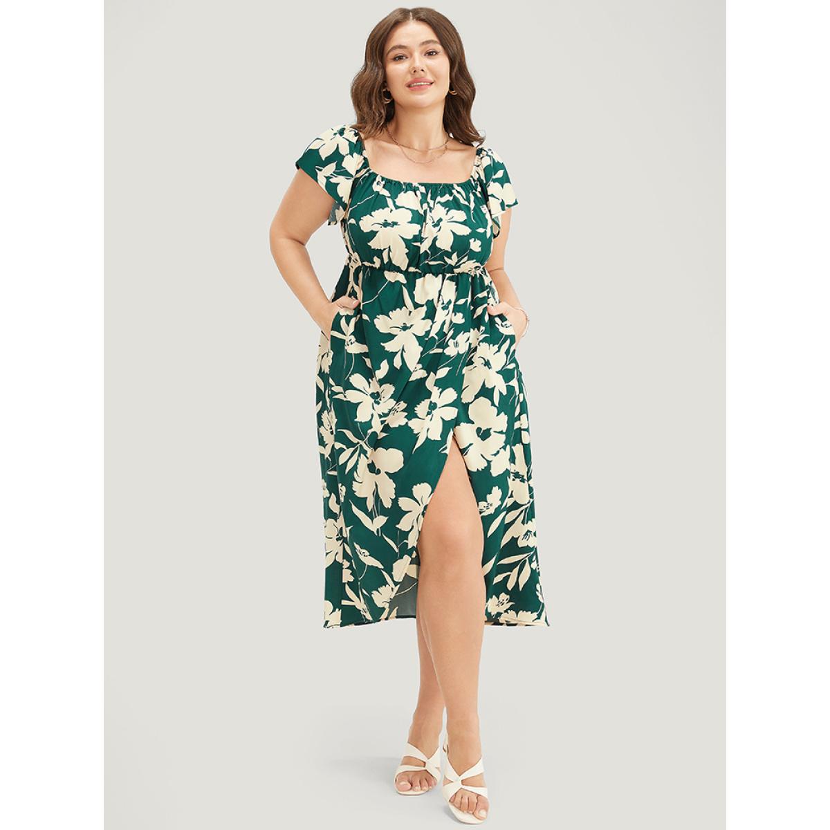 Plus Size Floral Ruffles Pleated Split Hem Pocket Off Shoulder Dress Emerald Women Elegant Printed One-shoulder neck Short sleeve Curvy Midi Dress BloomChic 30/6X Product Image