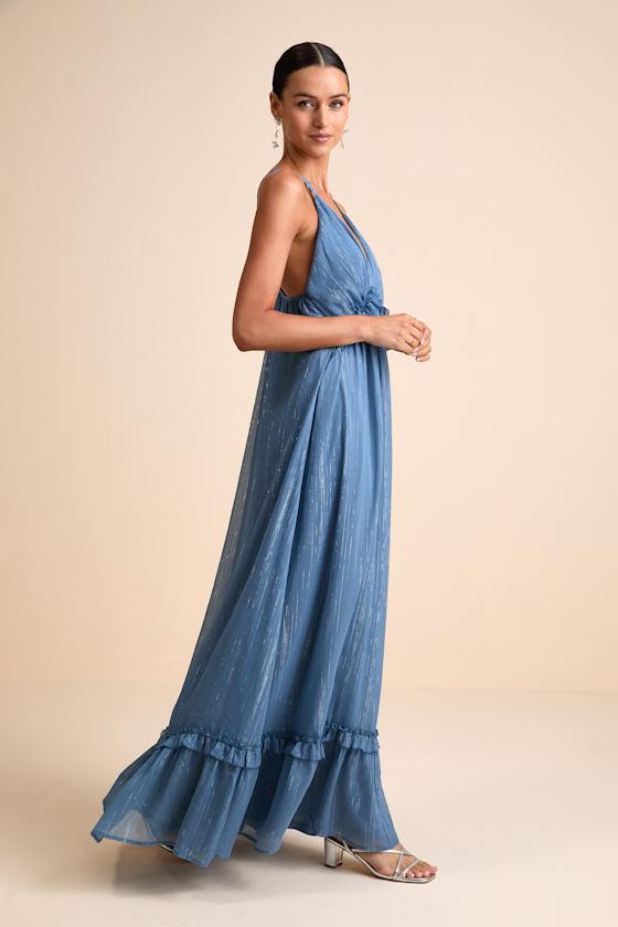 Massiel Blue Lurex Ruffled Maxi Dress Product Image