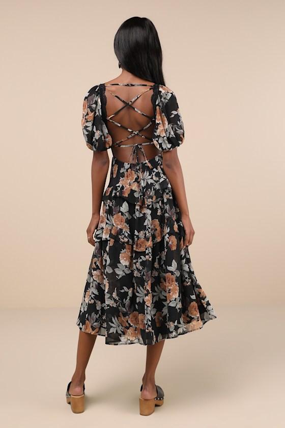 Fawning Favorite Black Floral Lace Tiered Lace-Up Midi Dress Product Image