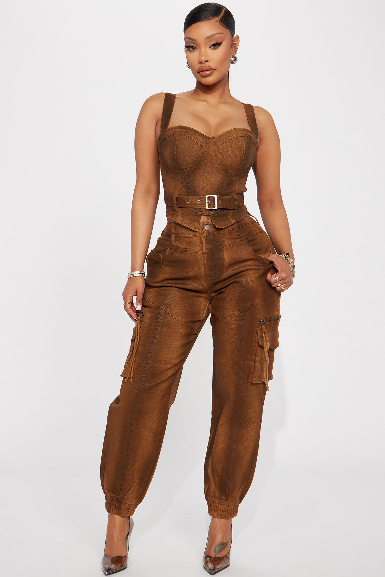 Top Priority Coated Cargo Denim Joggers - Brown Product Image