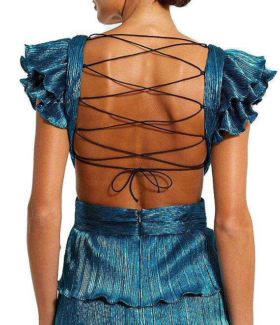 Ieena for Mac Duggal Deep V-Neck Ruffle Shoulder Cap Sleeve Side Cut-Out Tiered Thigh High Slit Gown Product Image