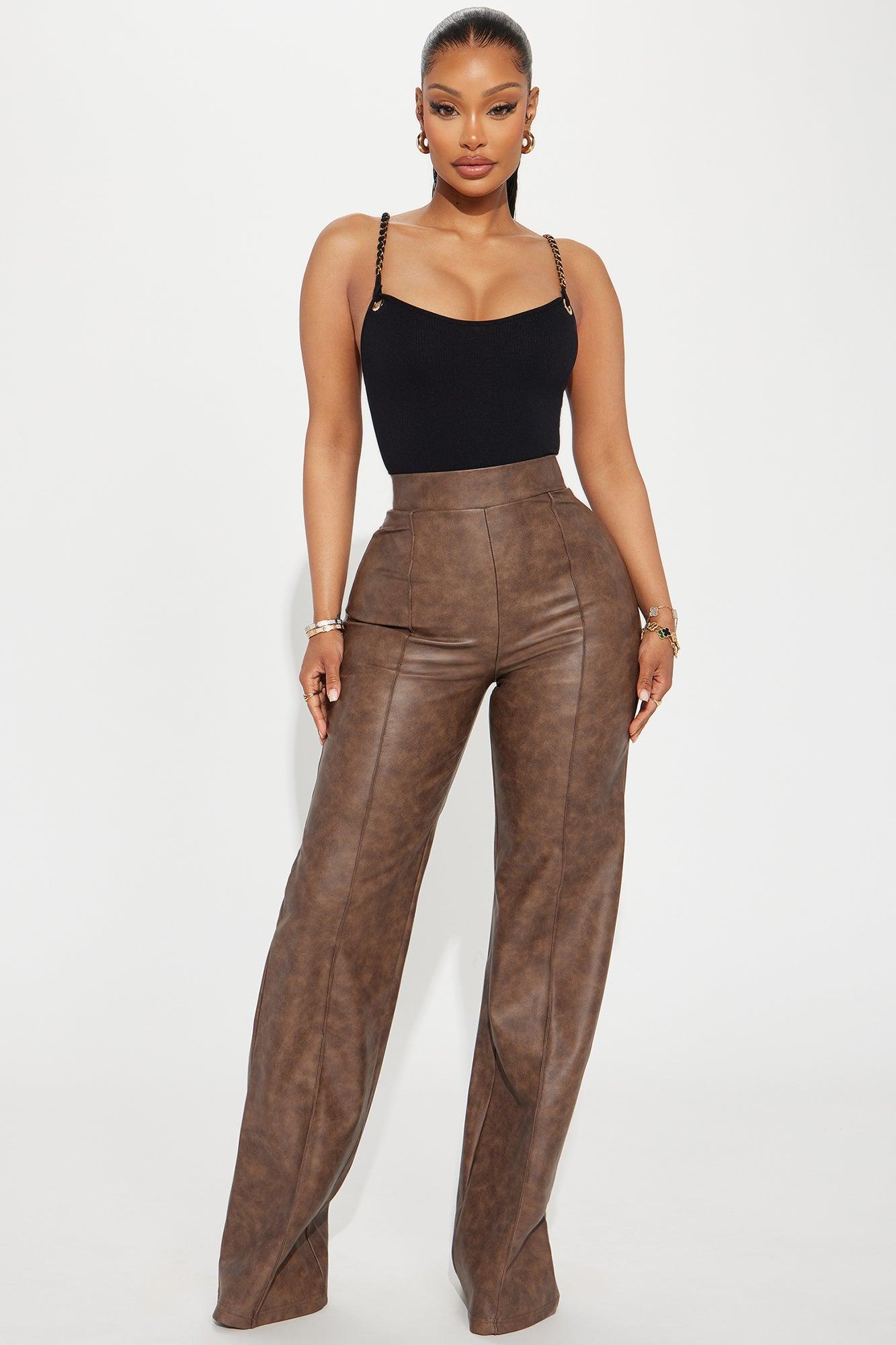 Victoria High Waisted Washed Faux Leather Dress Pants - Chocolate Product Image