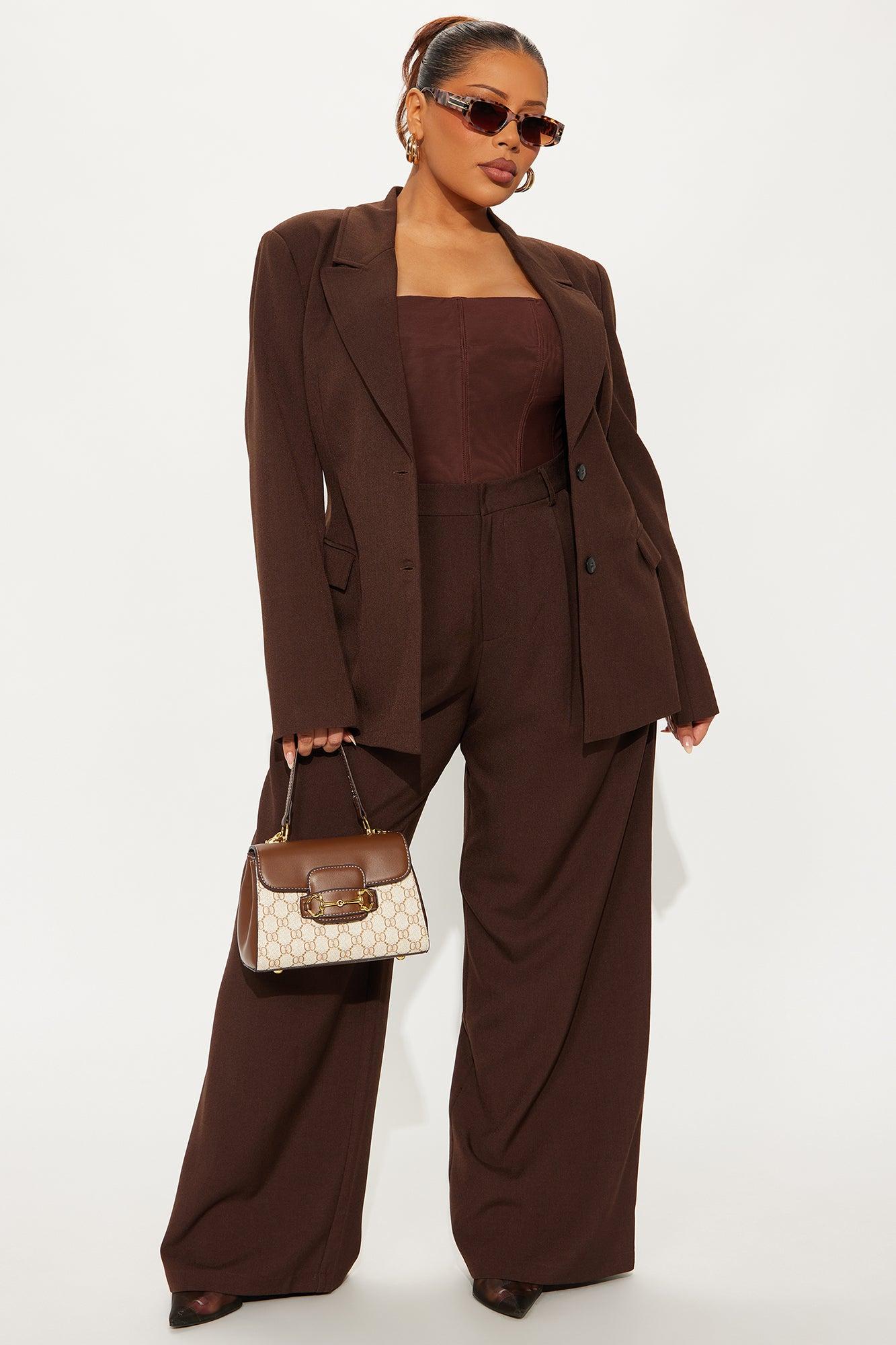 Going Forward Fitted Waist Blazer Pant Set - Brown Female Product Image