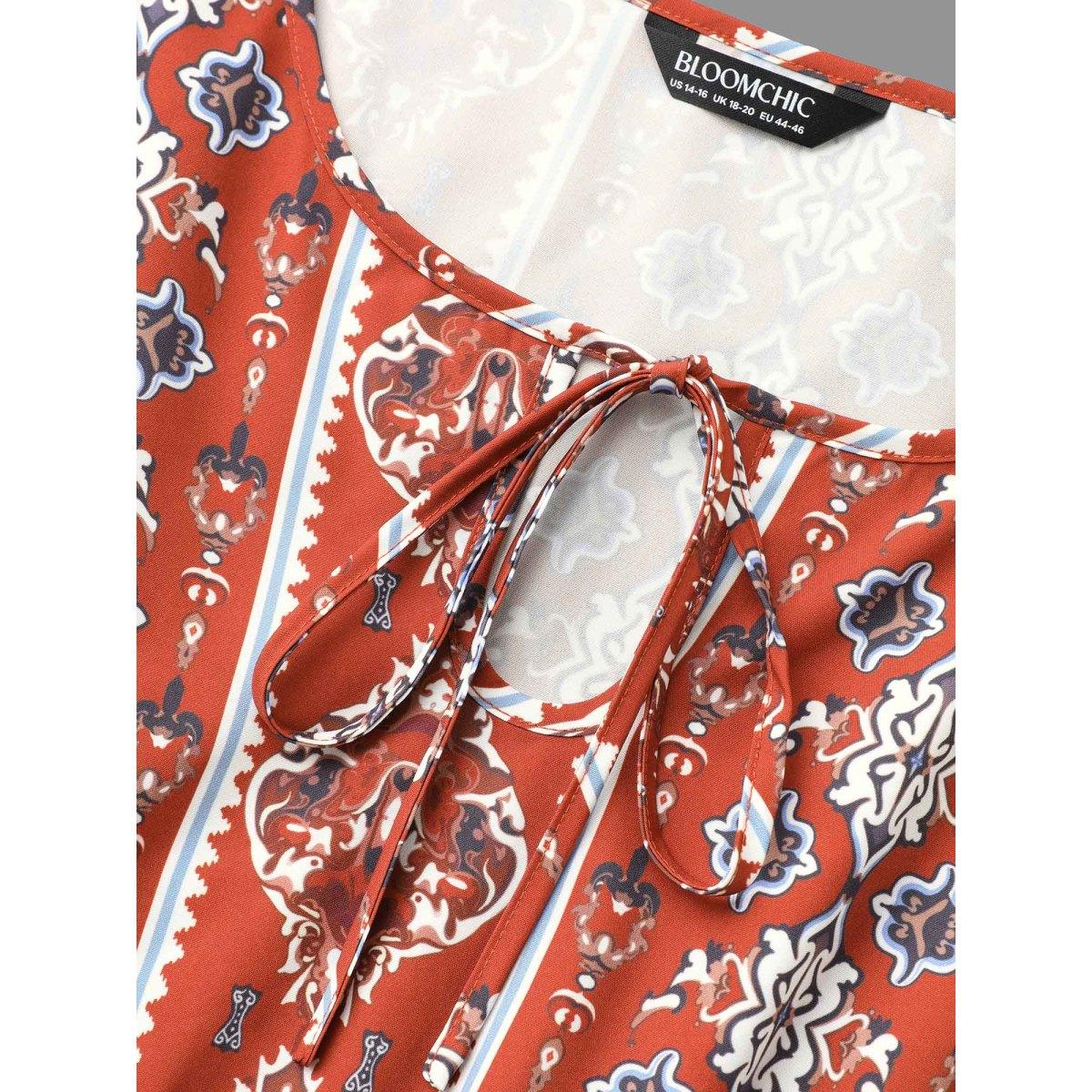 Plus Size Boho Print Shirred Tie Knot Midi Dress Russet Women Resort Tie knot V-neck Elbow-length sleeve Curvy BloomChic 30/6X Product Image