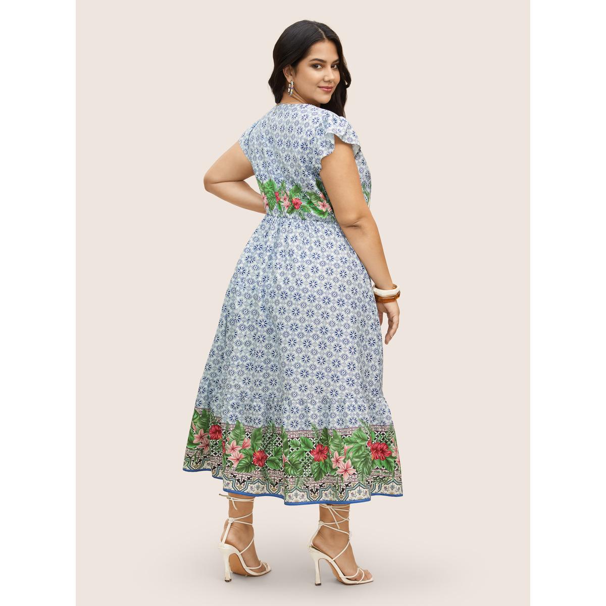 Plus Size Bandana Print Tie Knot Ruffle Cap Sleeve Dress LightBlue Women Resort Tie knot V-neck Cap Sleeve Curvy BloomChic 10/M Product Image