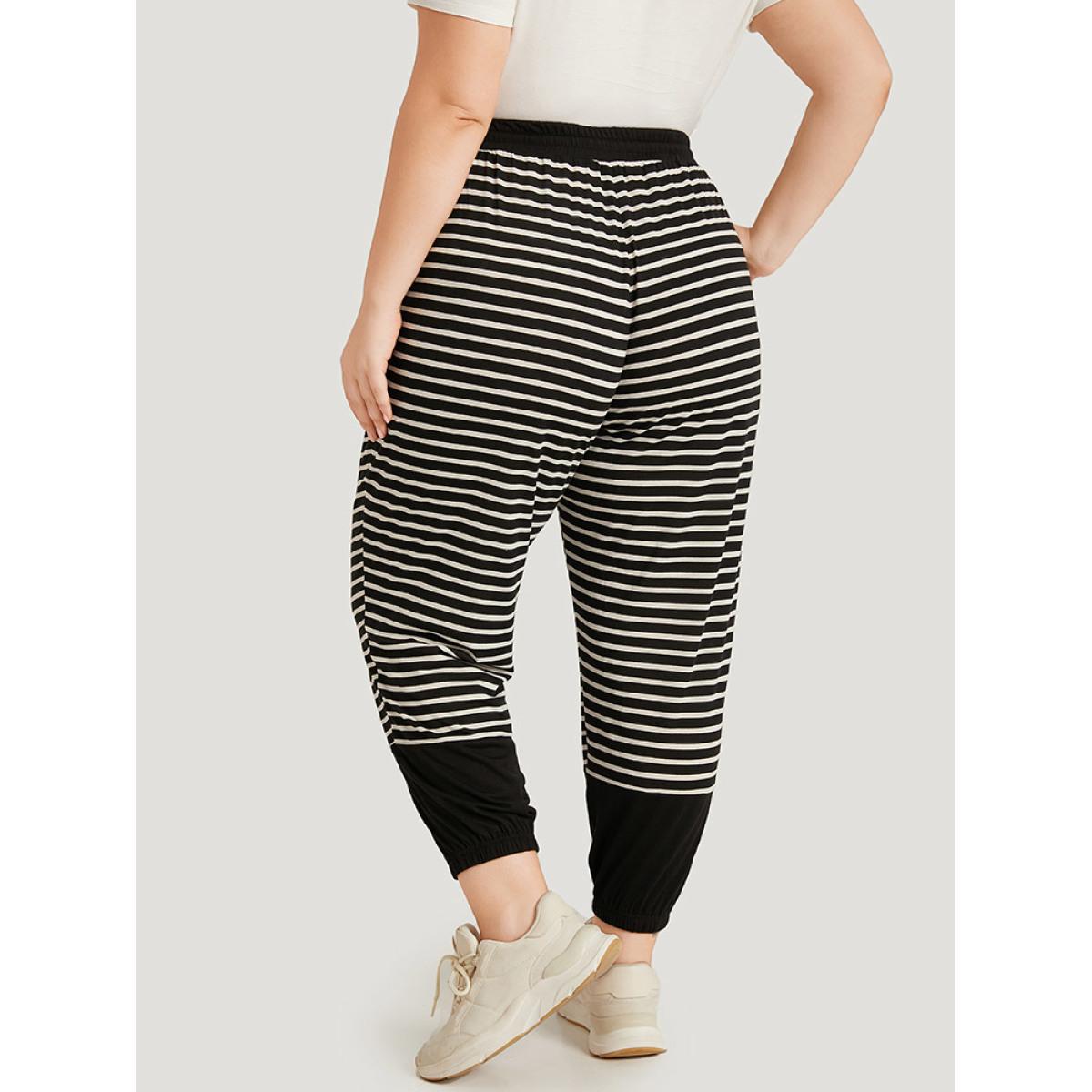 Striped Patchwork Elastic Waist Pocket Ties Sweatpants Black Plus Size Women Casual Dailywear Patchwork 30/6X Bloomchic Product Image