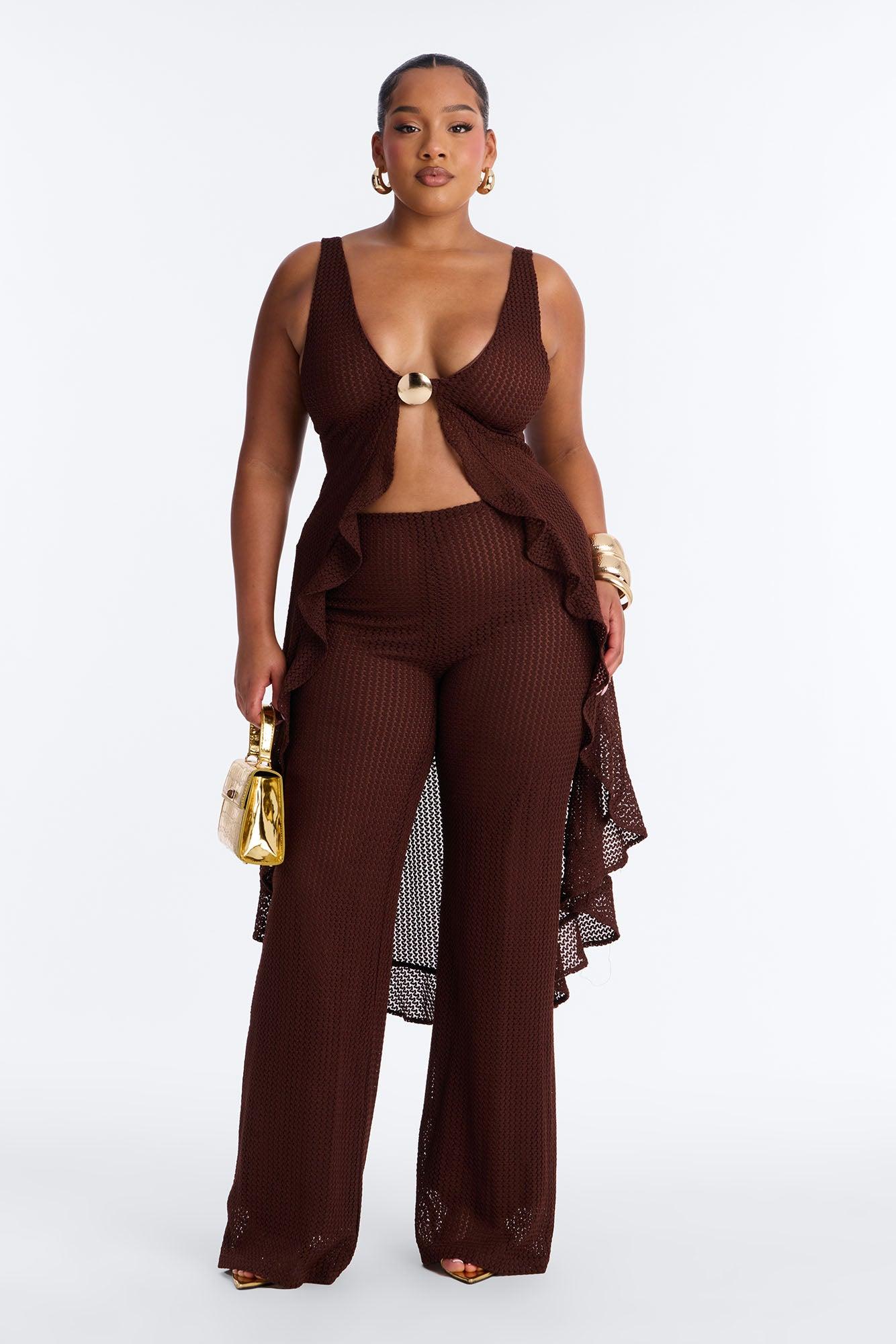 Jenni Flowy Crochet Pant Set - Chocolate Female Product Image
