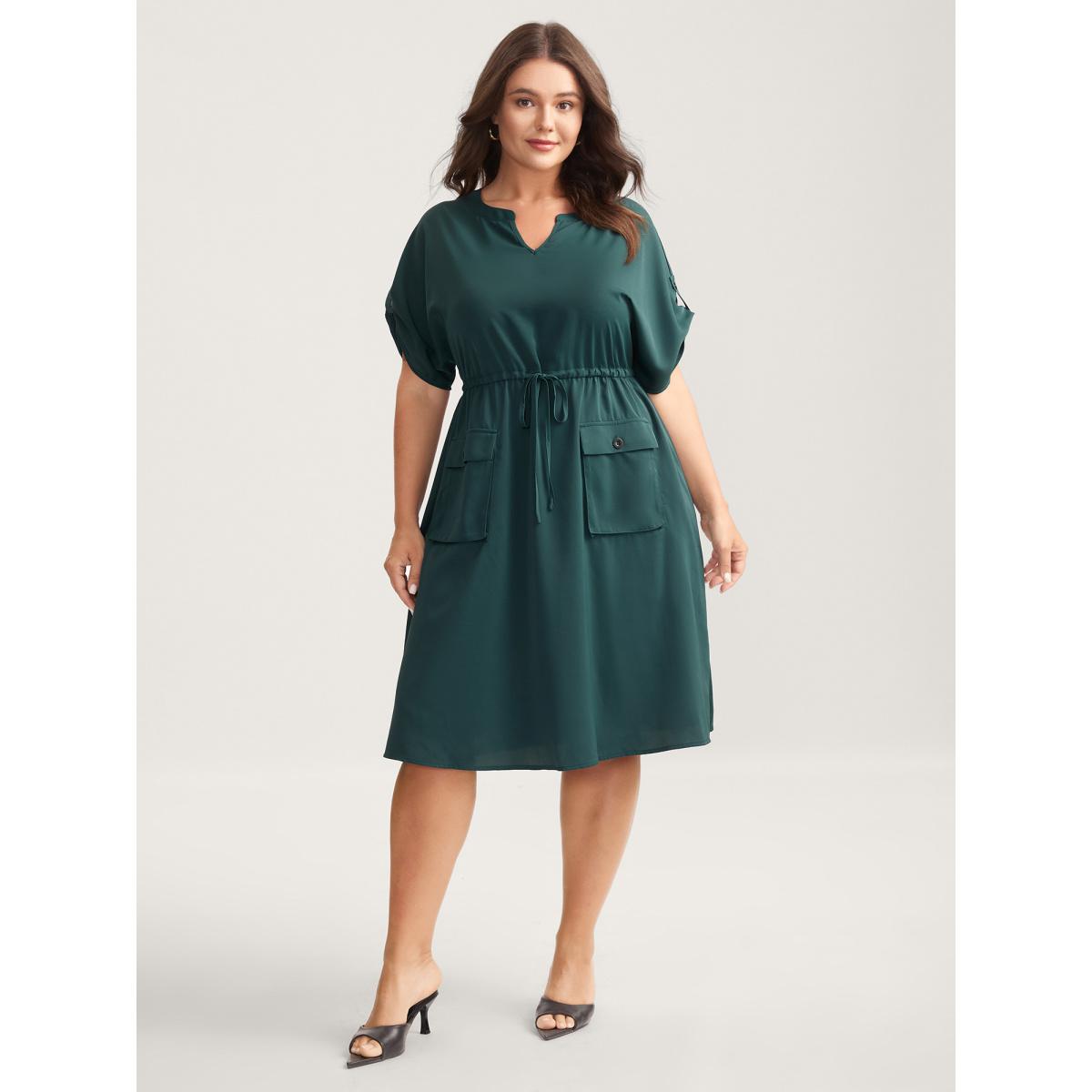 Plus Size Solid Waist Drawstring Pockets Midi Dress Cyan Women Flat collar with V-notch Half Sleeve Curvy BloomChic 28/5X Product Image