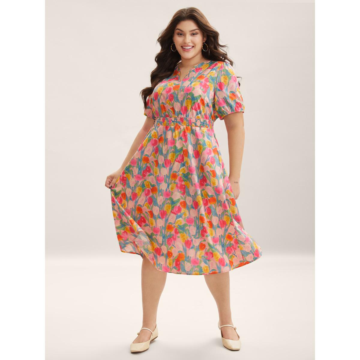 Plus Size Cotton Rosy Garden Shirred Waist Pockets Midi Dress Blush Women Playful Notched collar Short sleeve Curvy BloomChic 28/5X Product Image