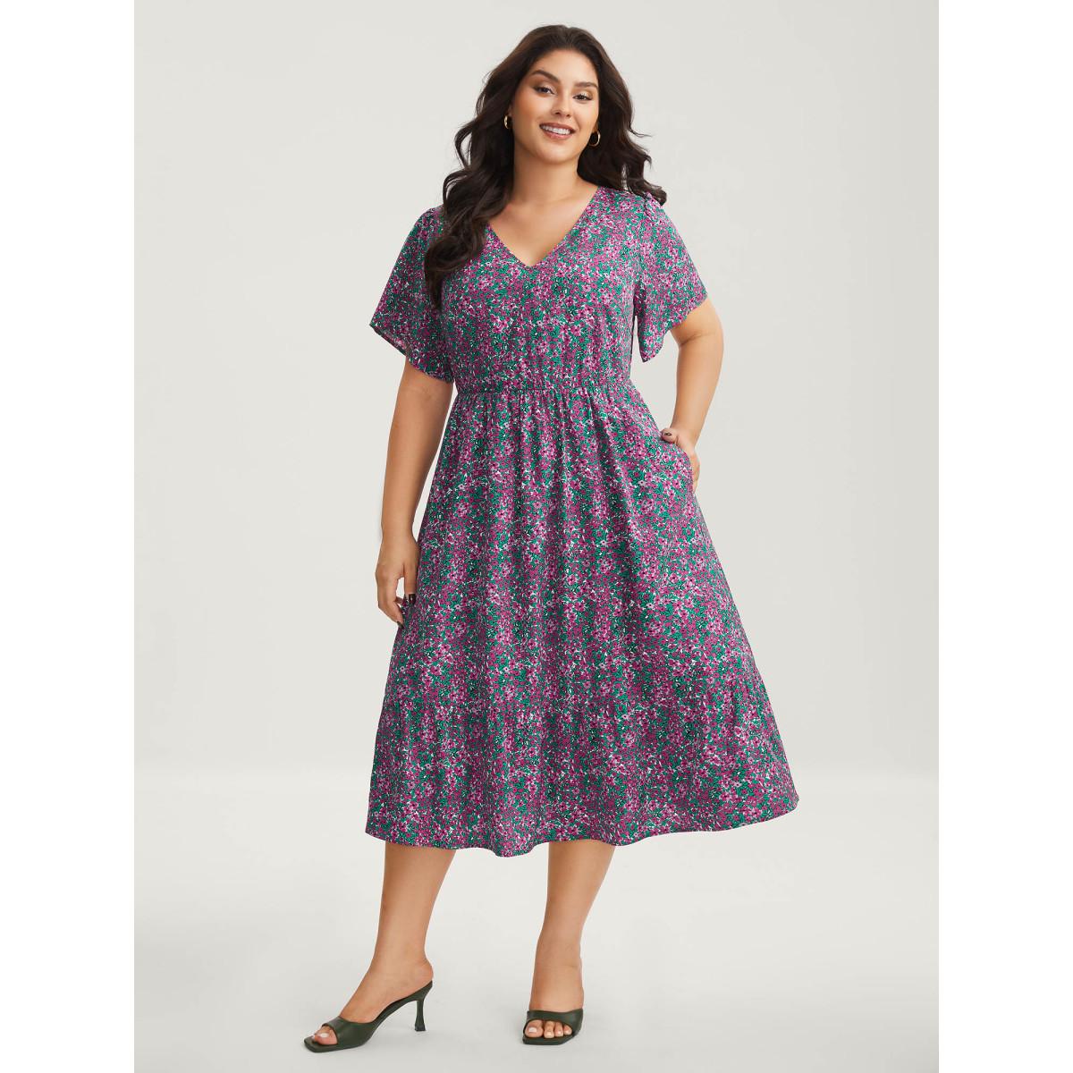 Plus Size Floral Print V-Neck Tiered Midi Dress DarkViolet Women V-neck Short sleeve Curvy BloomChic 12/L Product Image