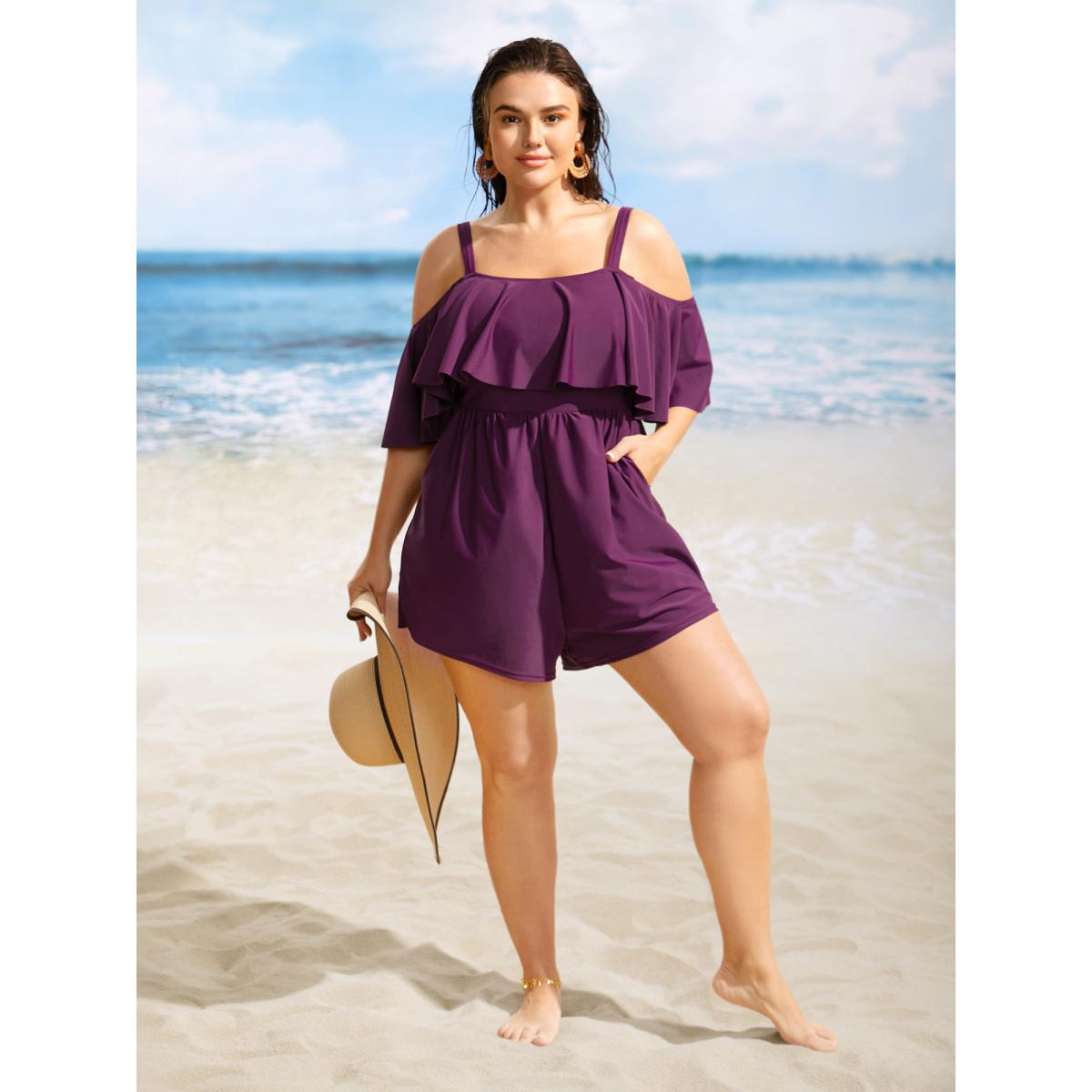 Plus Size Solid One Shoulder Neck Ruffle Trim One Piece Swimsuit Women's Swimwear Deeppurplered Beach Gathered Curve Bathing Suits High stretch One Pieces BloomChic 22-24/3X Product Image