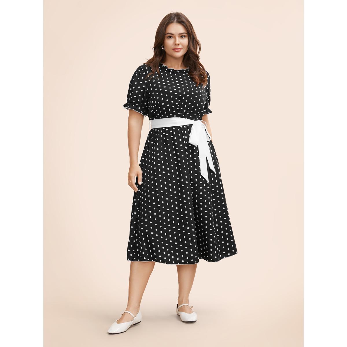 Plus Size Bow Polka Dot Midi Dress Black Women Elegant Belted Mock Neck Short sleeve Curvy BloomChic 12/L Product Image