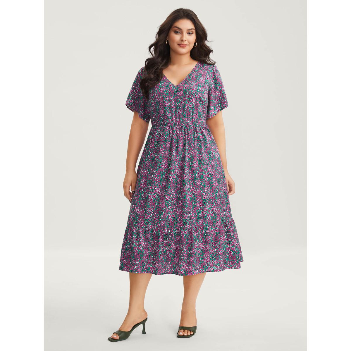 Plus Size Floral Print V-Neck Tiered Midi Dress DarkViolet Women V-neck Short sleeve Curvy BloomChic 12/L Product Image