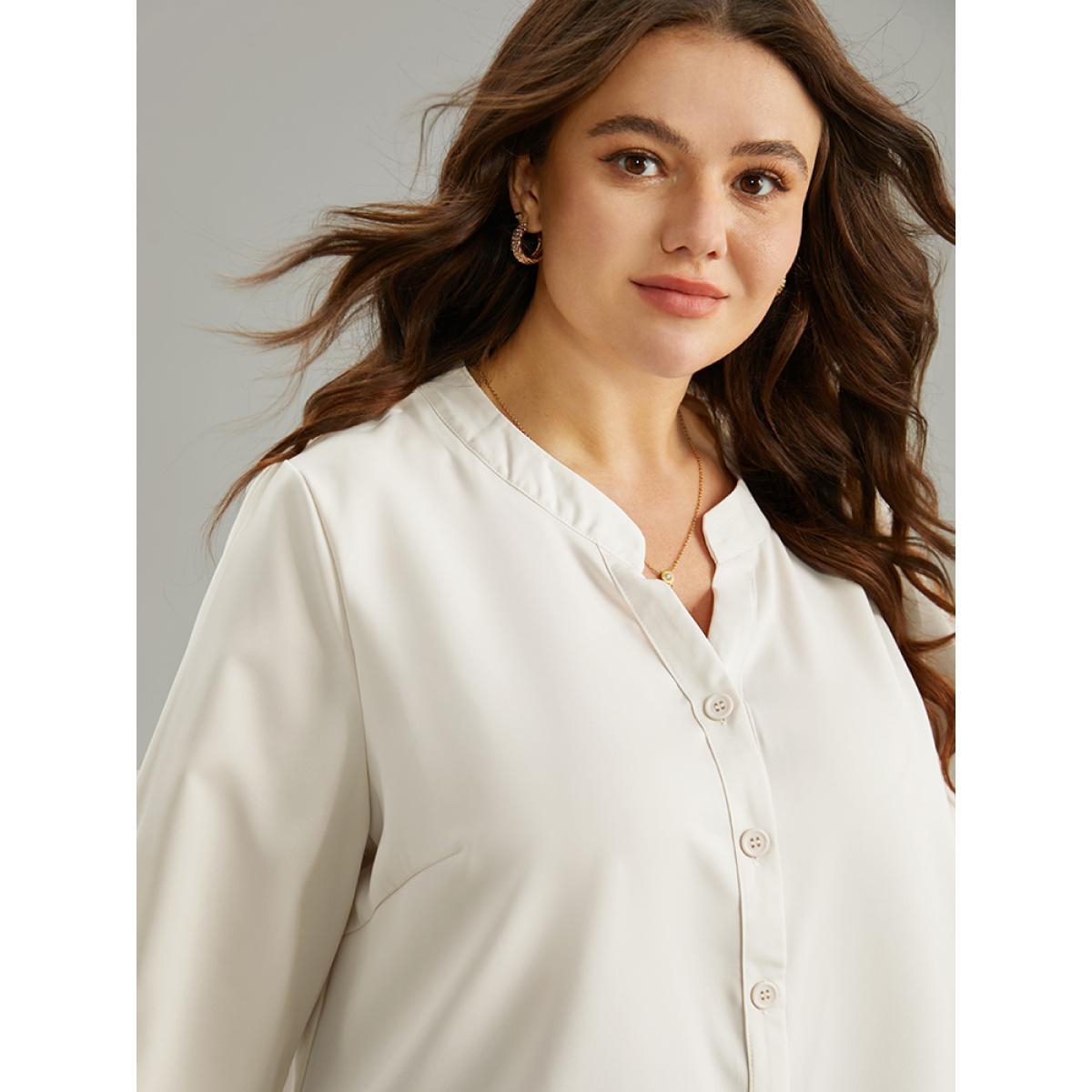 Plus Size Ivory Solid Notched Button Through Blouse Women Office Long Sleeve Notched collar Office Blouses BloomChic 18-20/2X Product Image