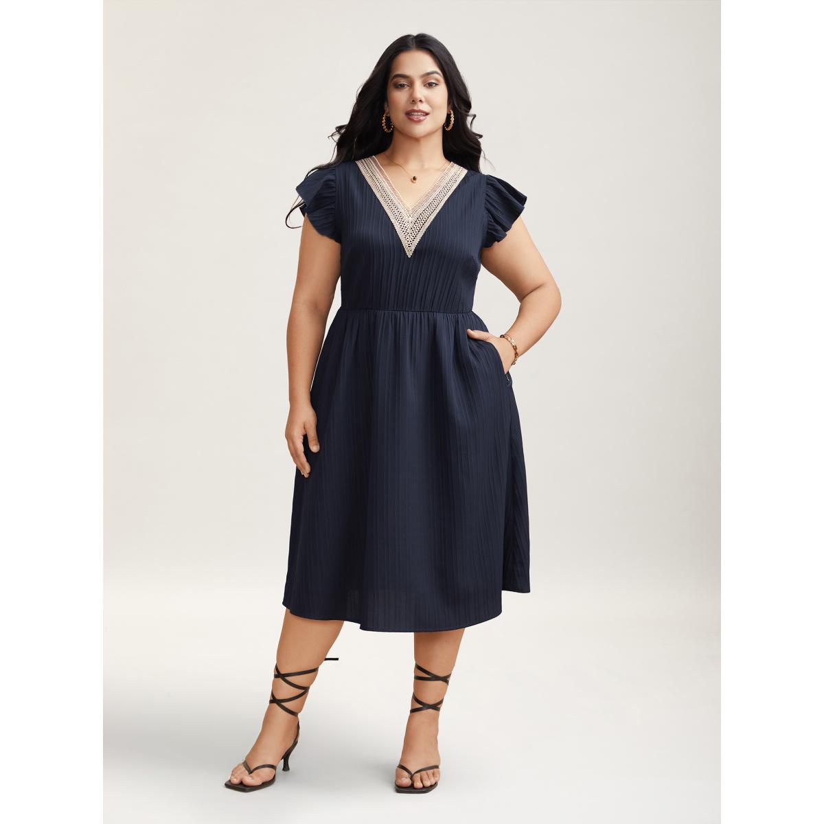 Plus Size Textured Lace Neckline Ruffled Sleeve Dress Navy Women Elegant Woven ribbon&lace trim V-neck Short sleeve Curvy BloomChic 30/6X Product Image