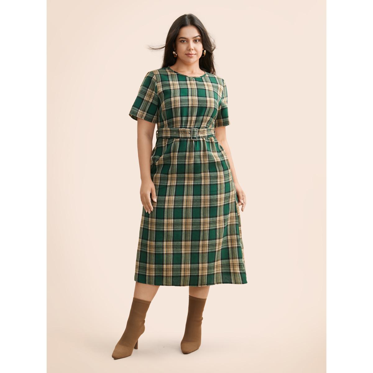 Plus Size Round Neck Plaid Belted Midi Dress DarkGreen Women Casual Belted Round Neck Short sleeve Curvy BloomChic 22-24/3X Product Image