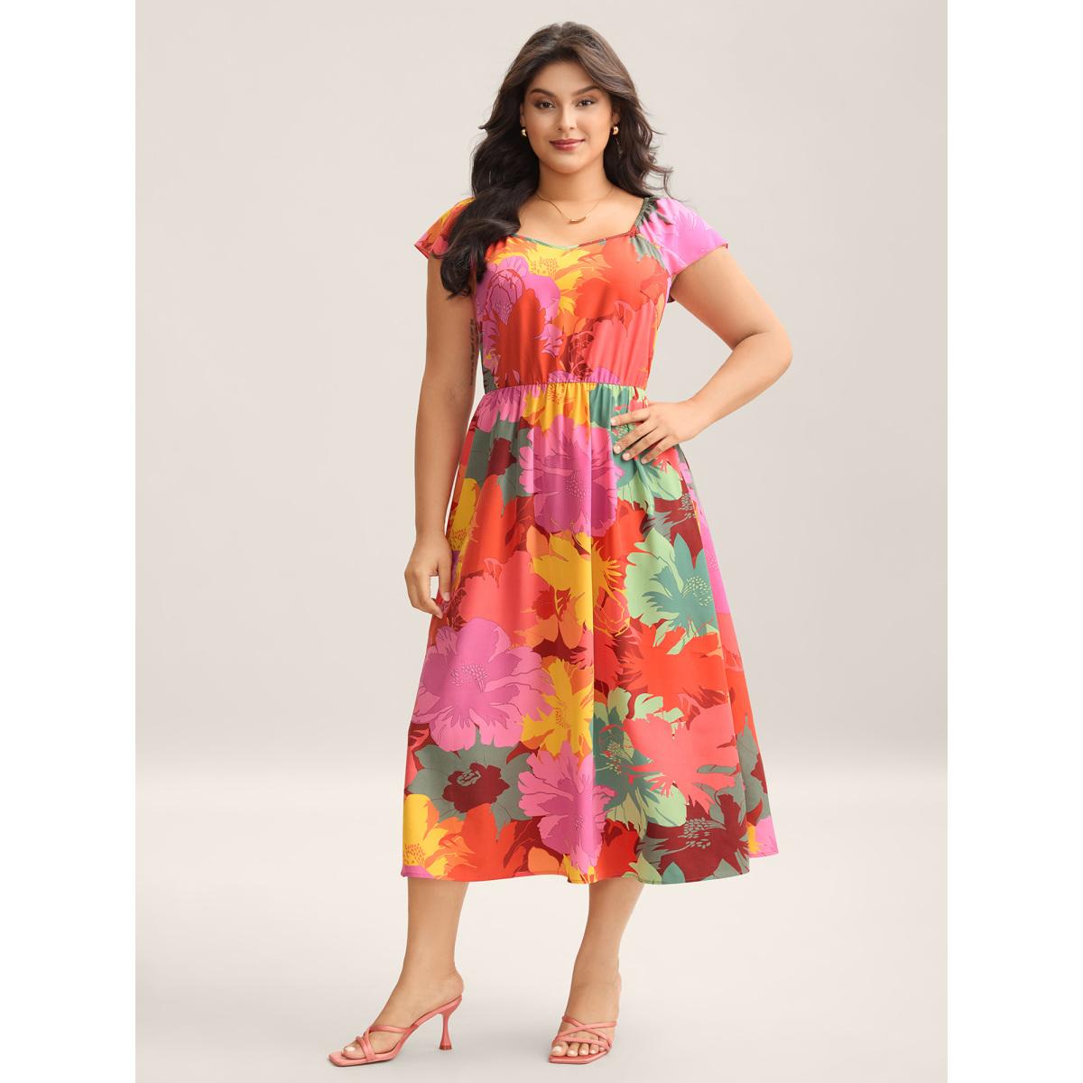 Plus Size Colorful Large Flower Print Pockets Midi Dress Multicolor Women Heart neckline Cap Sleeve Curvy BloomChic 30/6X Product Image