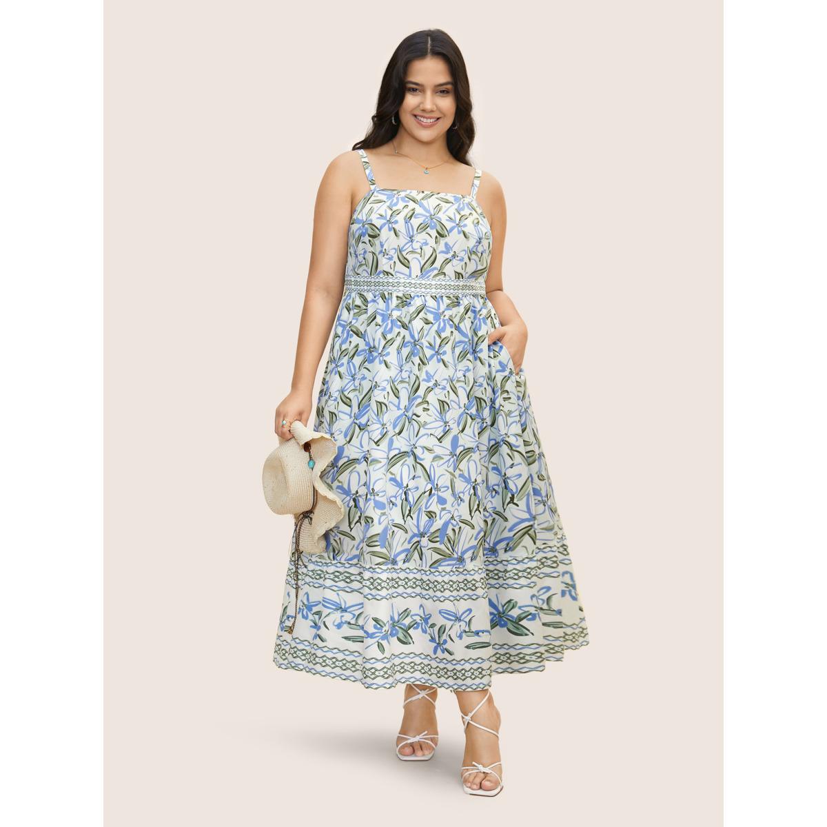 Plus Size Floral Elastic Waist Pocket Maxi Dress White Women Resort Belted Square Neck Sleeveless Curvy BloomChic 26/4X Product Image