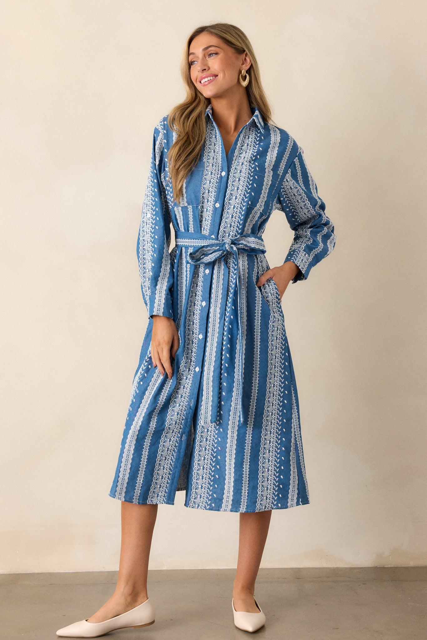Songs of the Sky Blue Embroidered Midi Shirt Dress Product Image