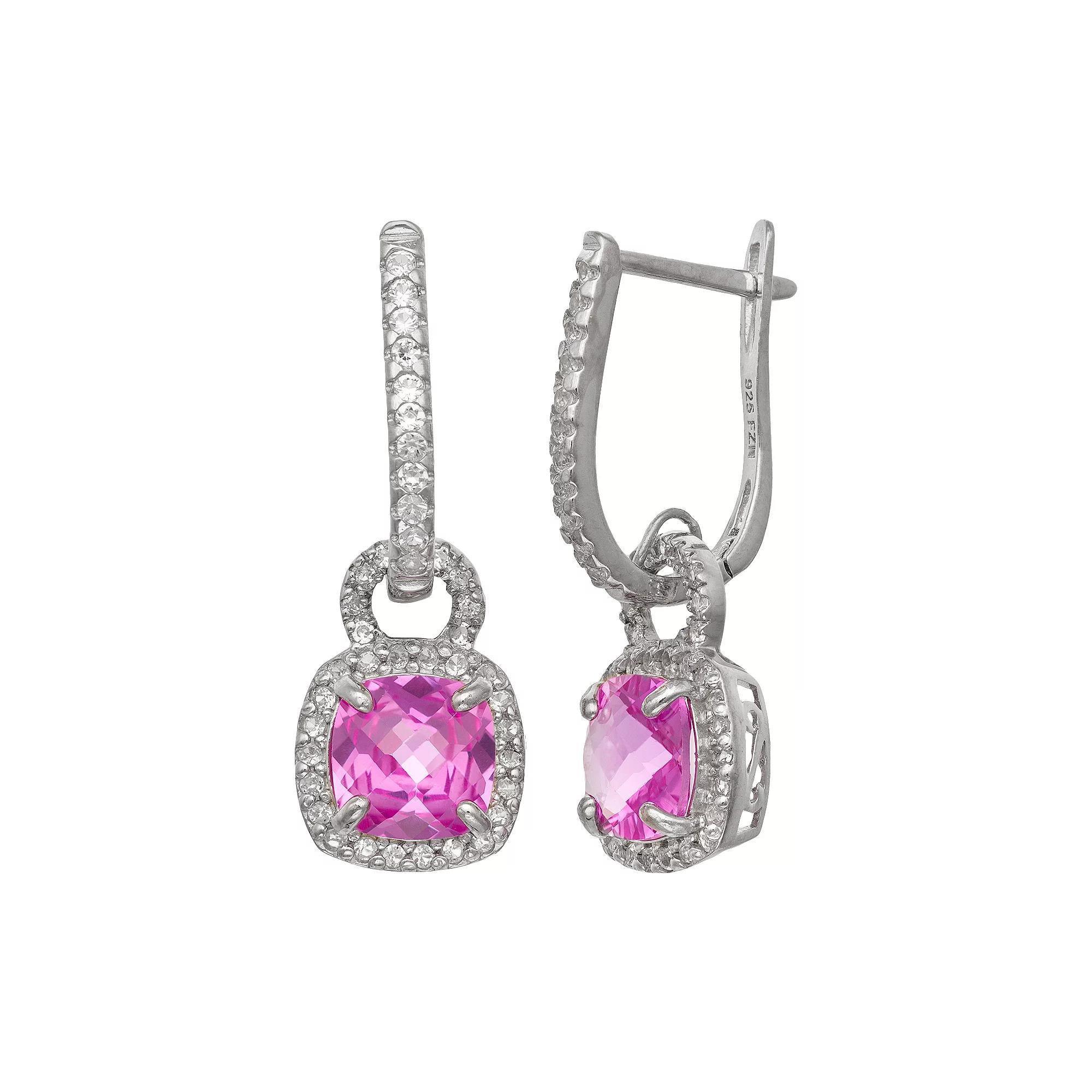 Sterling Silver Lab-Created Pink and White Sapphire Square Halo Drop Earrings, Women's, Multi Product Image