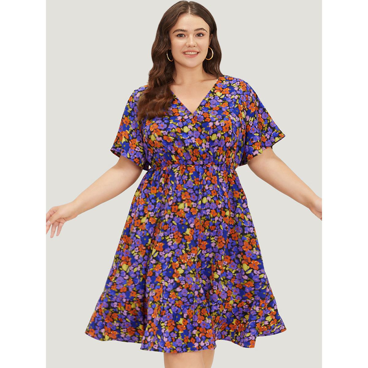Plus Size Floral Surplice Neck Pocket Ruffles Knee Dress Black Women Elegant Wrap V-neck Short sleeve Curvy Knee Dress BloomChic 28/5X Product Image