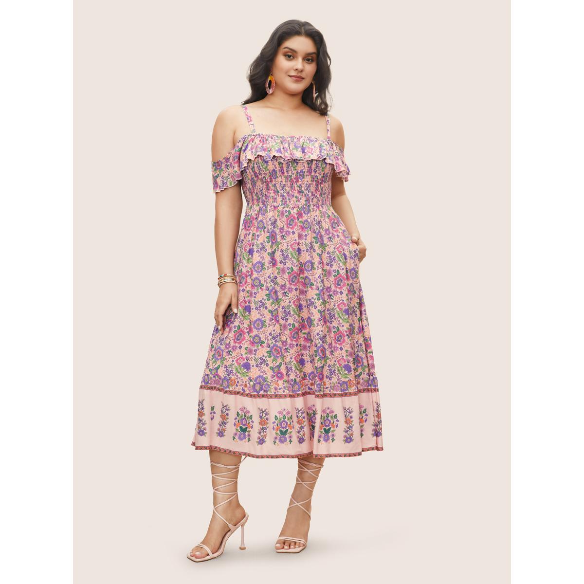 Plus Size Floral Cold Shoulder Ruffles Shirred Dress Pink Women Resort Shirred Non Short sleeve Curvy Midi Dress BloomChic 14-16/1X Product Image