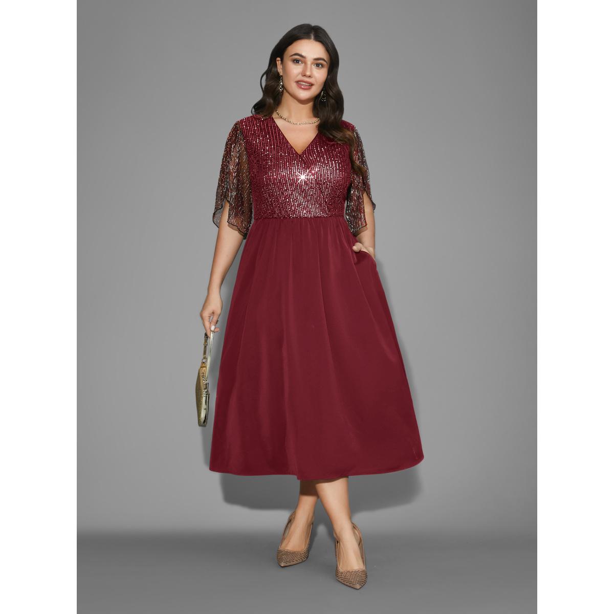 Plus Size Sequin Mesh Petal Sleeve Midi Dress Burgundy Women Cocktail Overlapping Party Curvy Bloomchic 18-20/2X Product Image