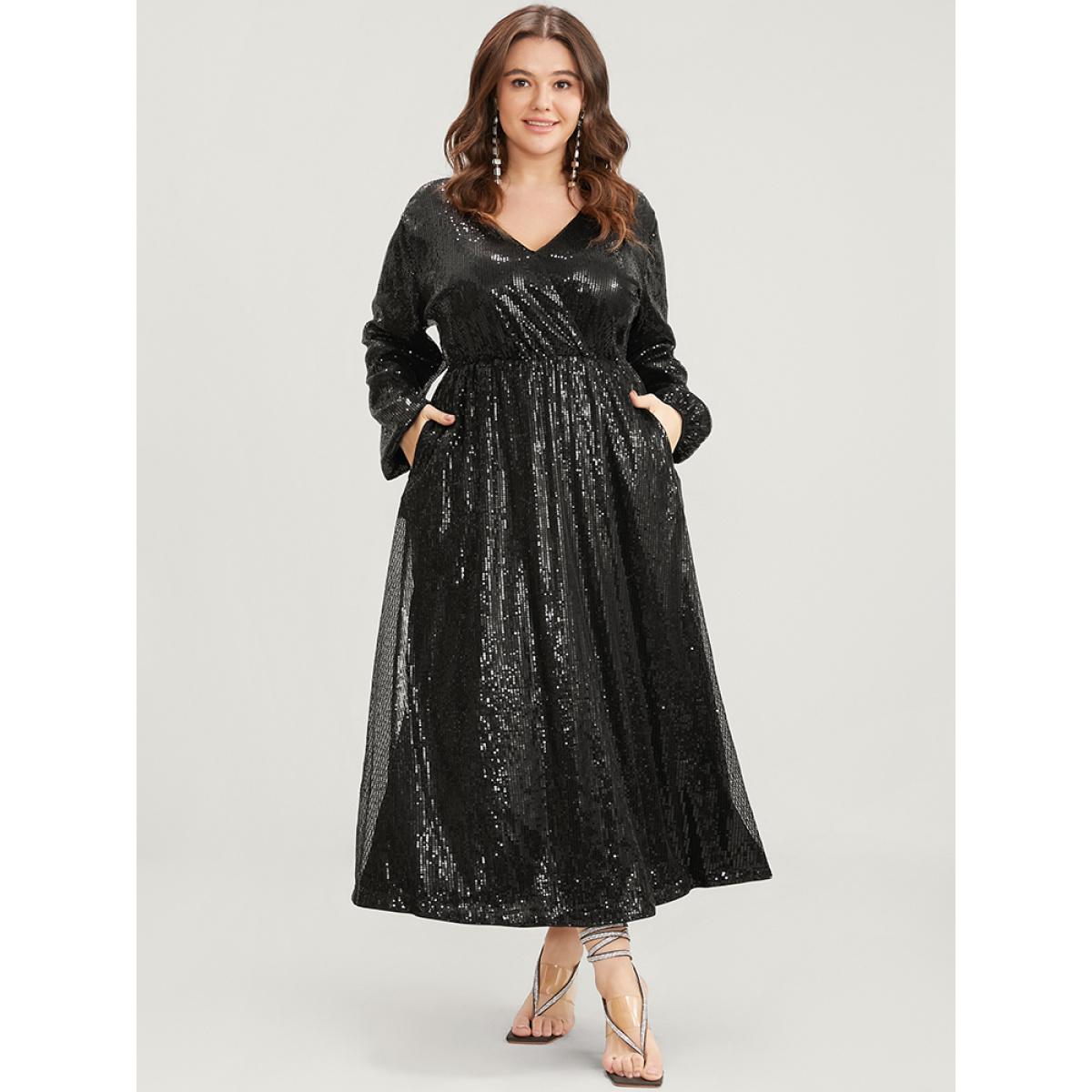 Plus Size Solid Lantern Sleeve Pocket Wrap Sequin Maxi Dress Black Women Party Elastic Waist V-neck Long Sleeve Curvy Long Dress BloomChic 14-16/1X Product Image