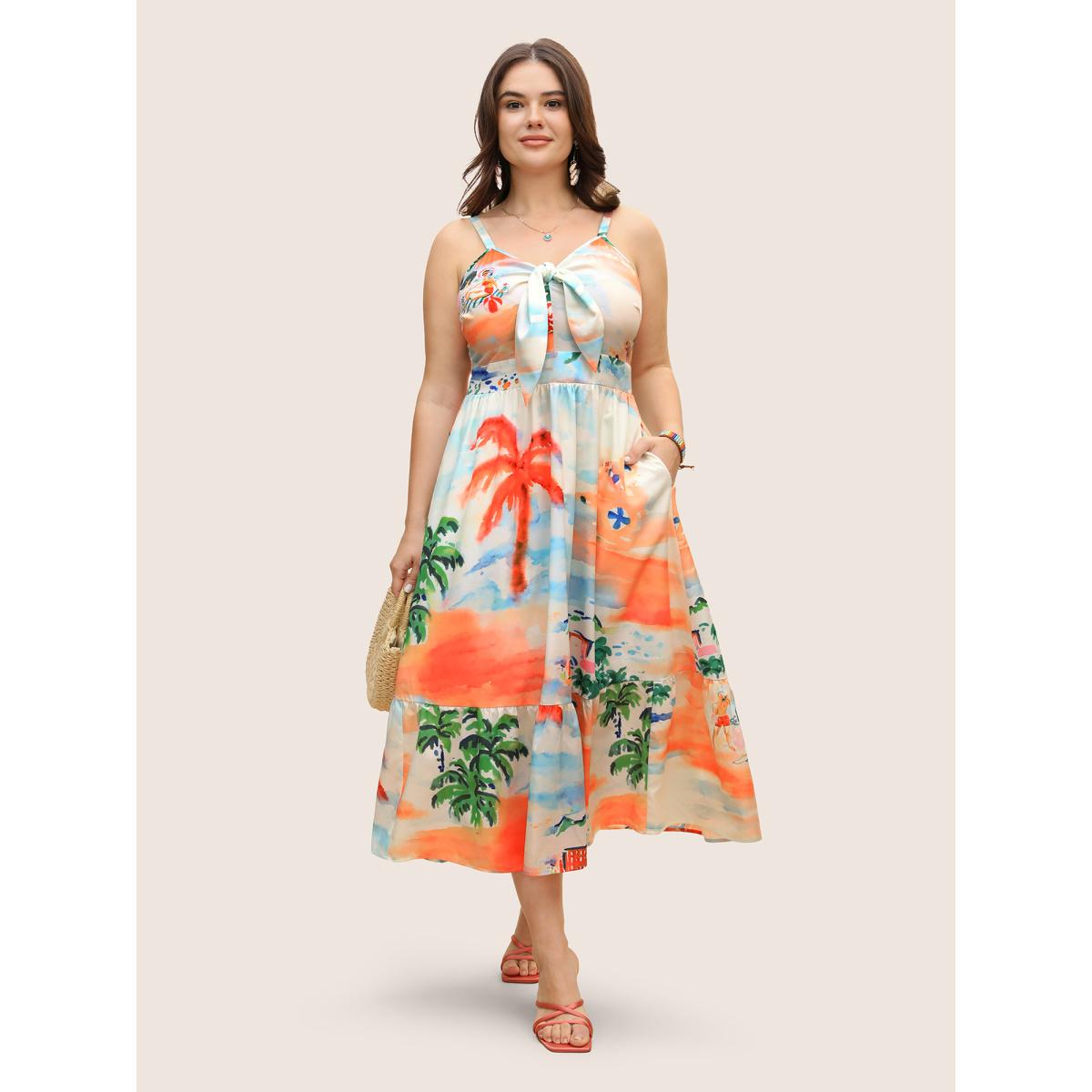 Plus Size V Neck Tropical Print Tie Knot Midi Dress LightBlue Women Resort Tie knot V-neck Sleeveless Curvy BloomChic 18-20/2X Product Image