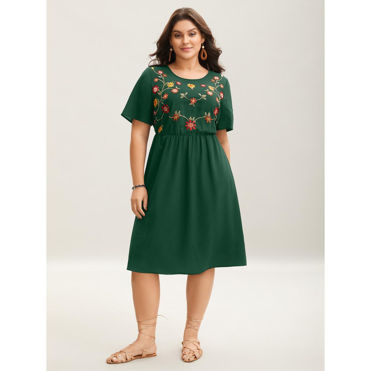 Plus Size Floral Embroidered Waist-Cinched Midi Dress Burgundy Women Boho Round Neck Short sleeve Curvy BloomChic 10/M Product Image