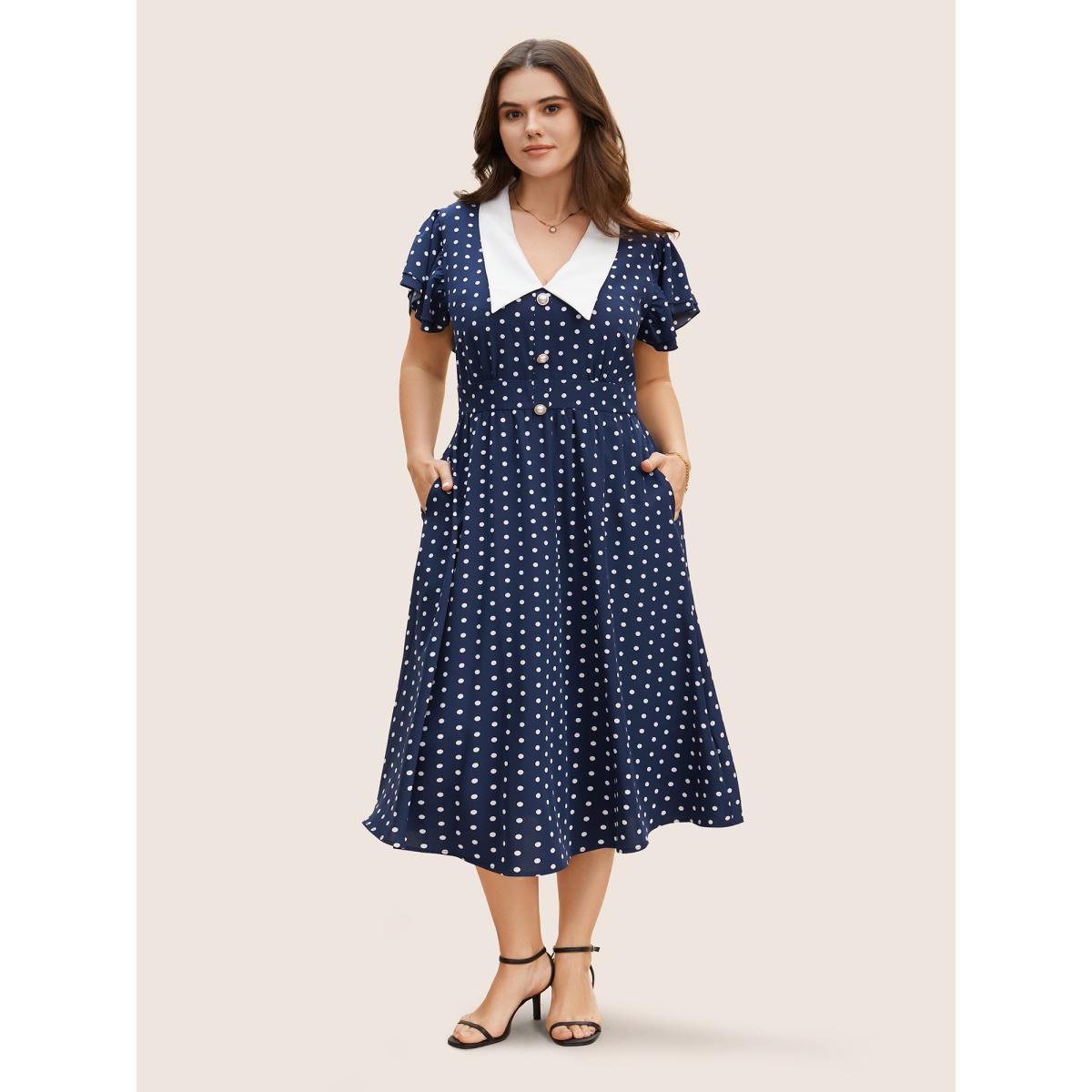 Plus Size Polka Dot Ruffle Cap Sleeve Button Detail Dress Navy Women Elegant Gathered V-neck Cap Sleeve Curvy BloomChic 28/5X Product Image