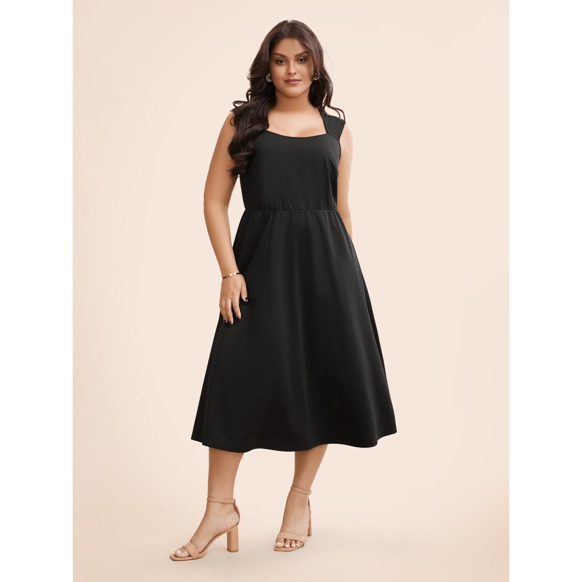 Plus Size Plain Elastic Waist Midi Tank Dress Black Women Elegant Non Square Neck Sleeveless Curvy BloomChic 22-24/3X Product Image