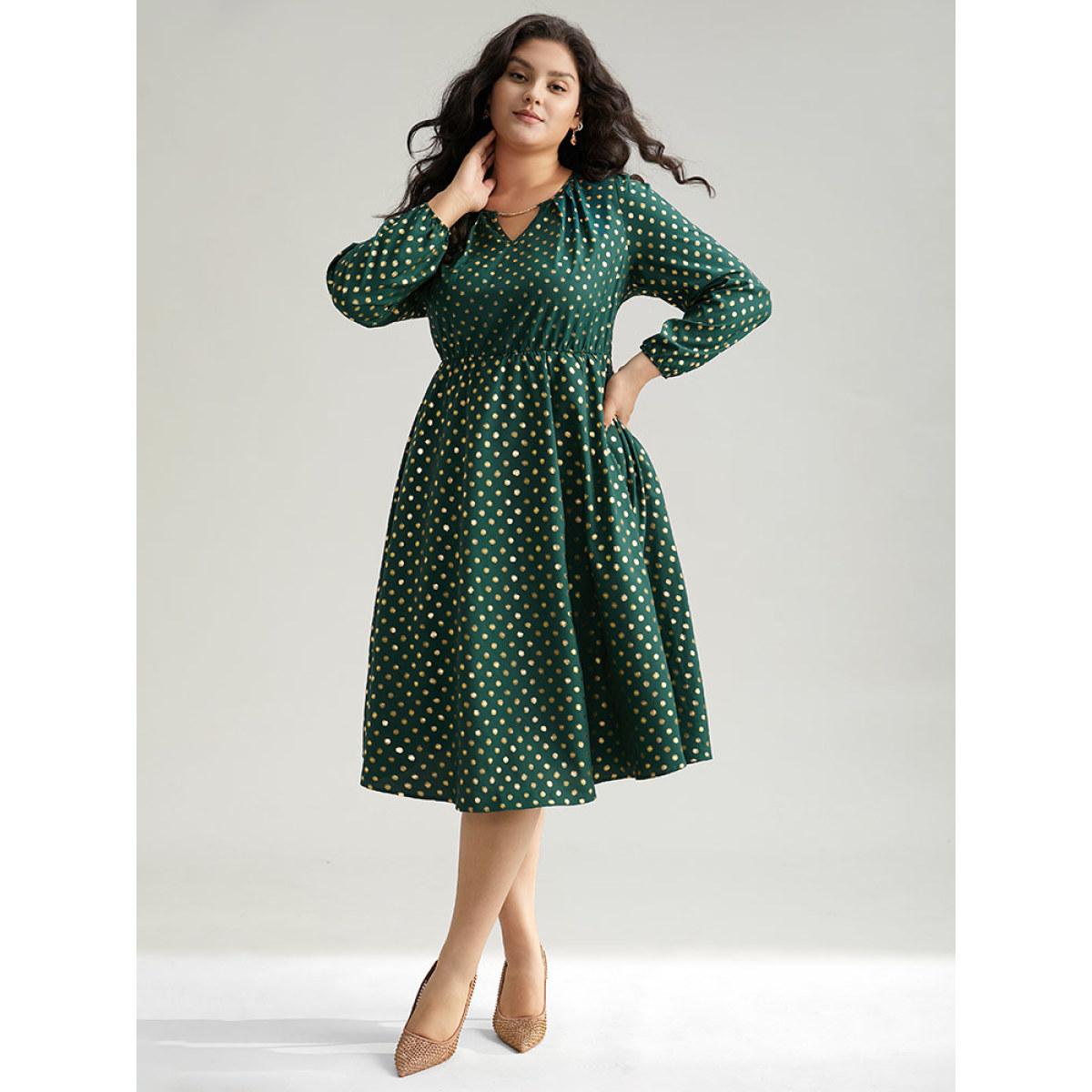 Plus Size Glitter Polka Dot Notched Elastic Cuffs Dress DarkGreen Women Elegant Elastic cuffs Notched collar Long Sleeve Curvy Midi Dress BloomChic 18-20/2X Product Image
